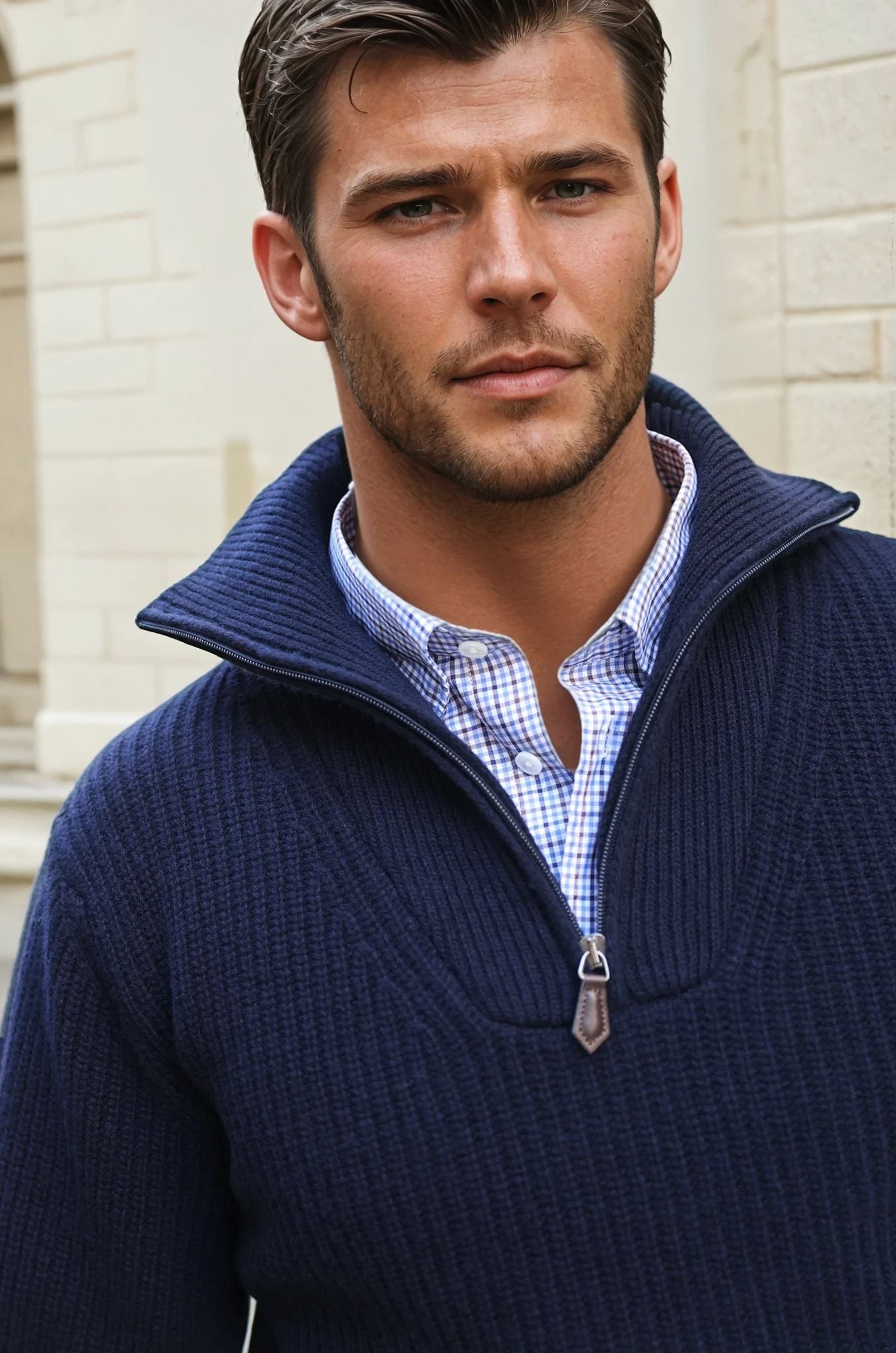 Pull Alonzo col zippé 100% laine - Marine-PULL HOMME-Curling-Paris