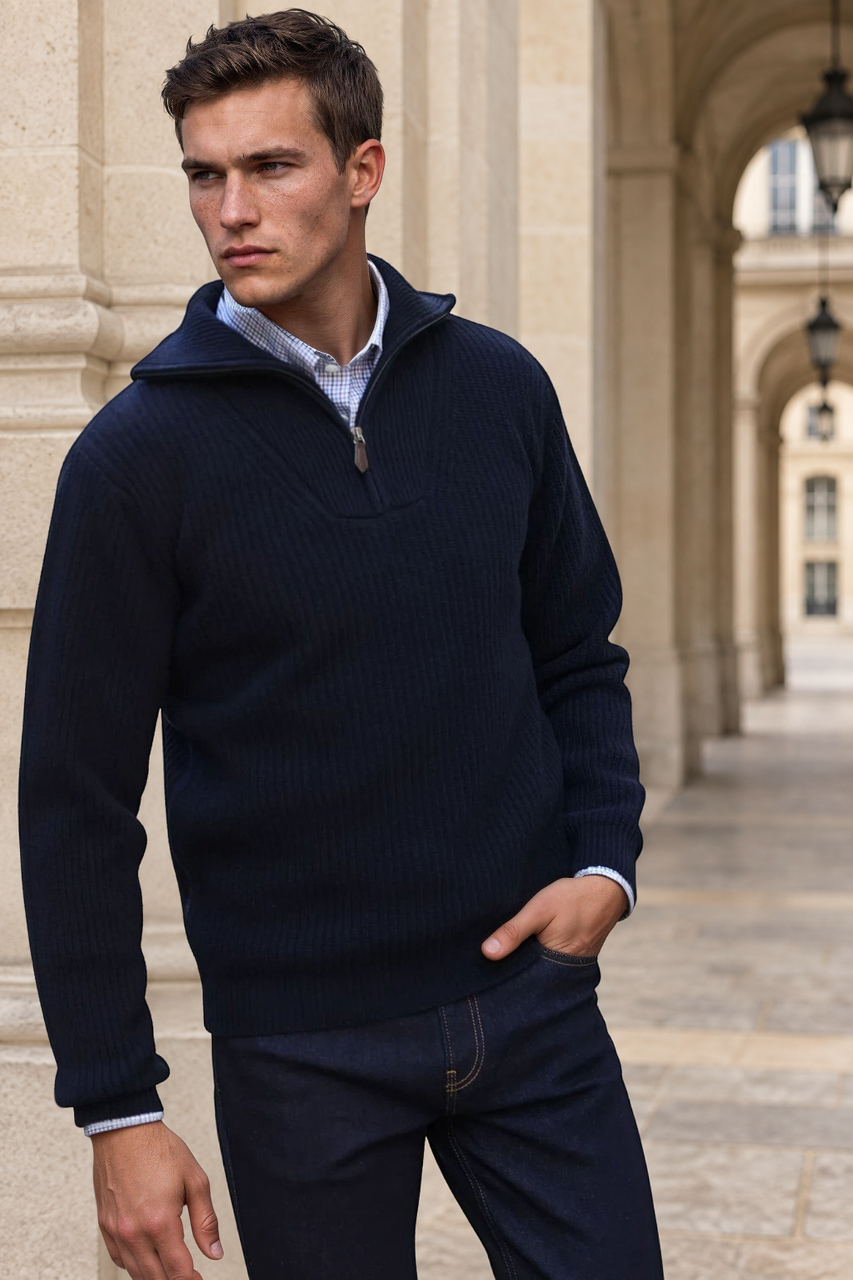 Pull Alonzo col zippé 100% laine - Marine-PULL HOMME-Curling-Paris