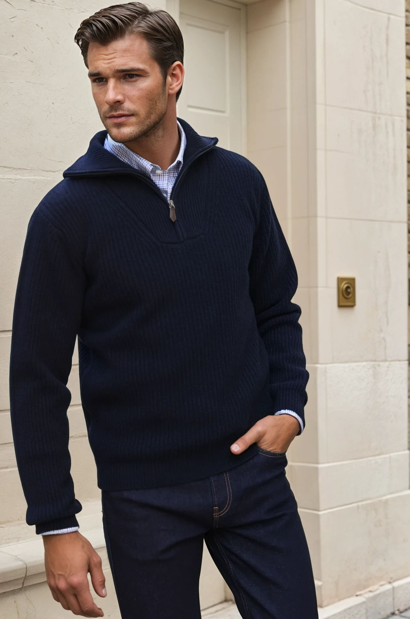 Pull Alonzo col zippé 100% laine - Marine-PULL HOMME-Curling-Paris