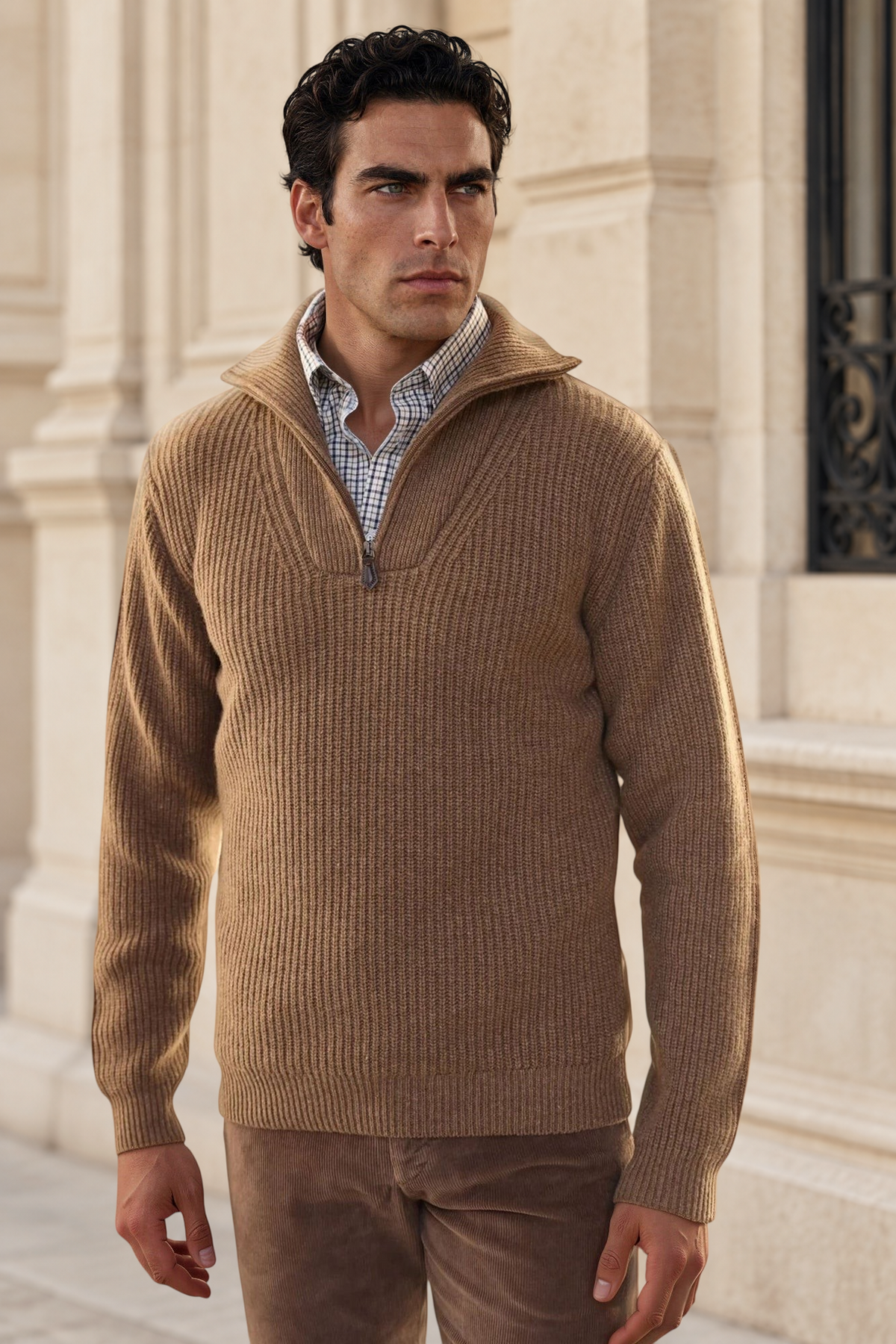 Pull Alonzo col zippé 100% laine - Marron Glacé-PULL HOMME-Curling-Paris