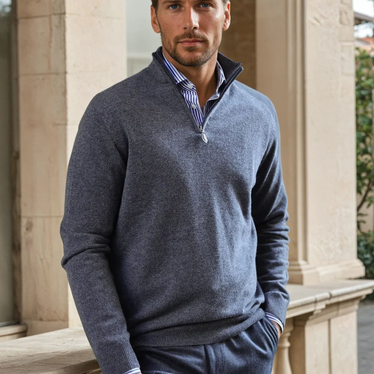 Pull homme col zippé 100% cachemire gris anthracite Curling Paris