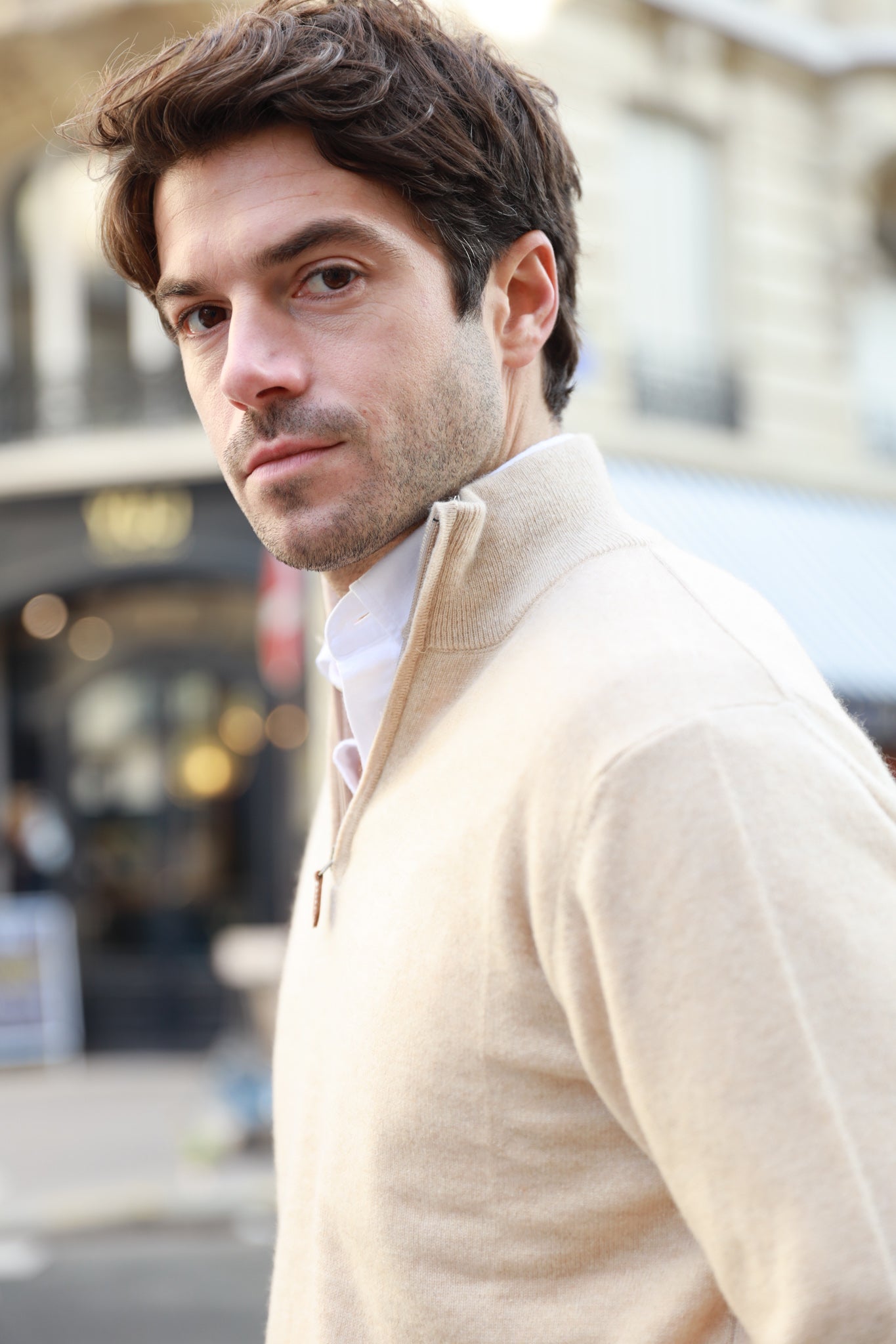 Pull Amar col zippé 100% cachemire - Beige-PULL HOMME-Curling-Paris