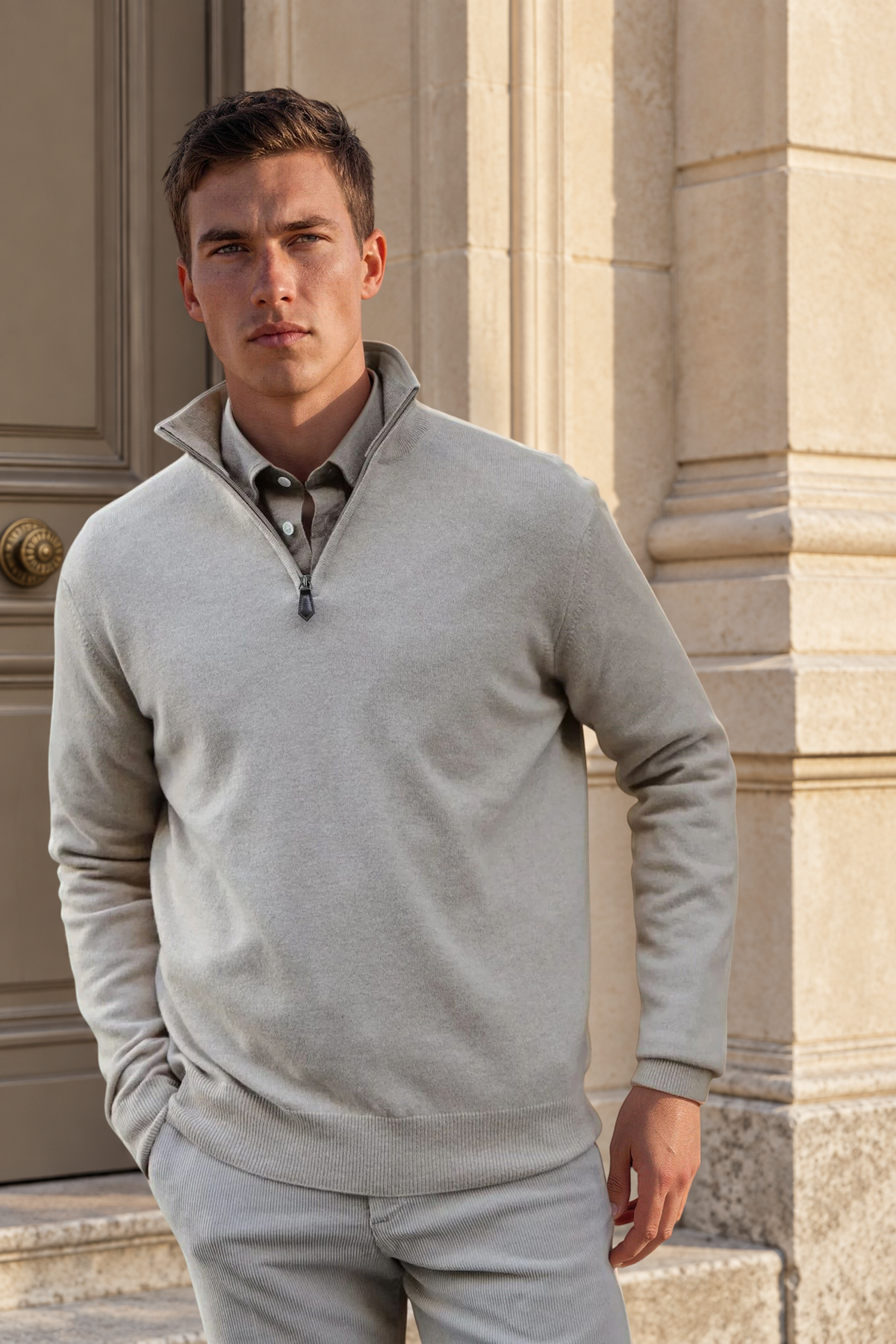 Pull Amar col zippé 100% cachemire – Beige-PULL HOMME-Curling-Paris