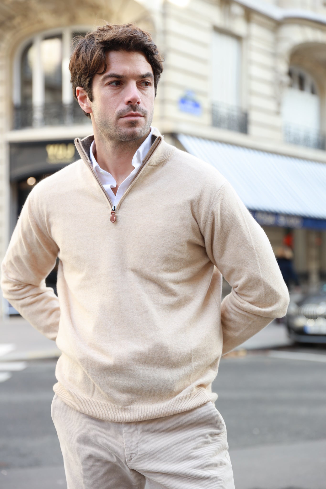 Pull Amar col zippé 100% cachemire - Beige-PULL HOMME-Curling-Paris