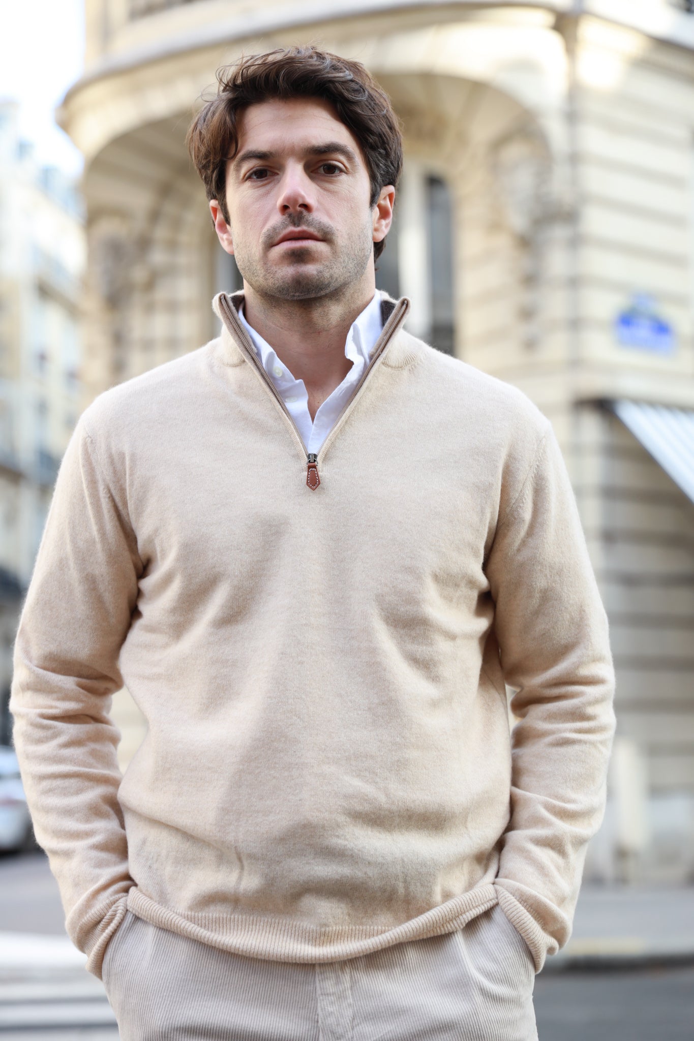 Pull Amar col zippé 100% cachemire - Beige-PULL HOMME-Curling-Paris