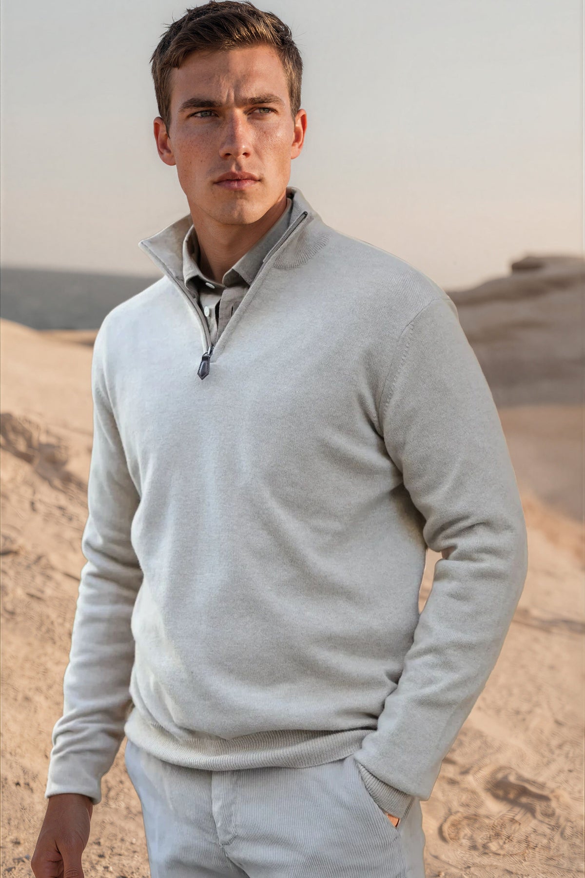 Amar zipped neck sweater 100% cashmere - Beige