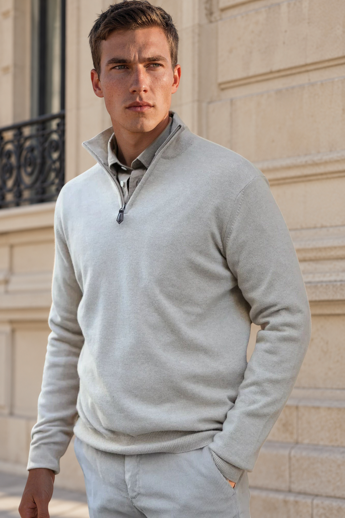 Pull Amar col zippé 100% cachemire – Beige-PULL HOMME-Curling-Paris