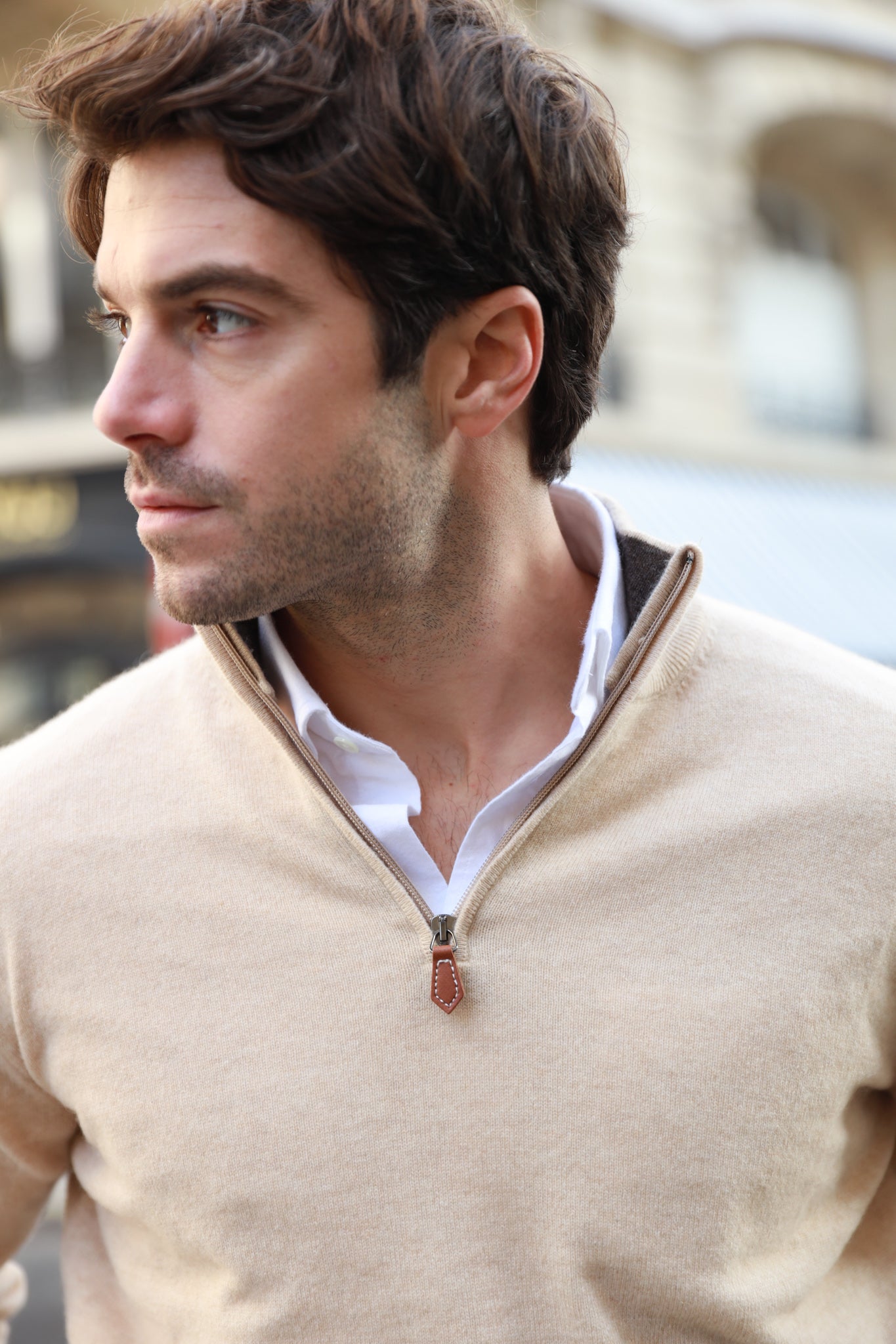 Pull Amar col zippé 100% cachemire - Beige-PULL HOMME-Curling-Paris