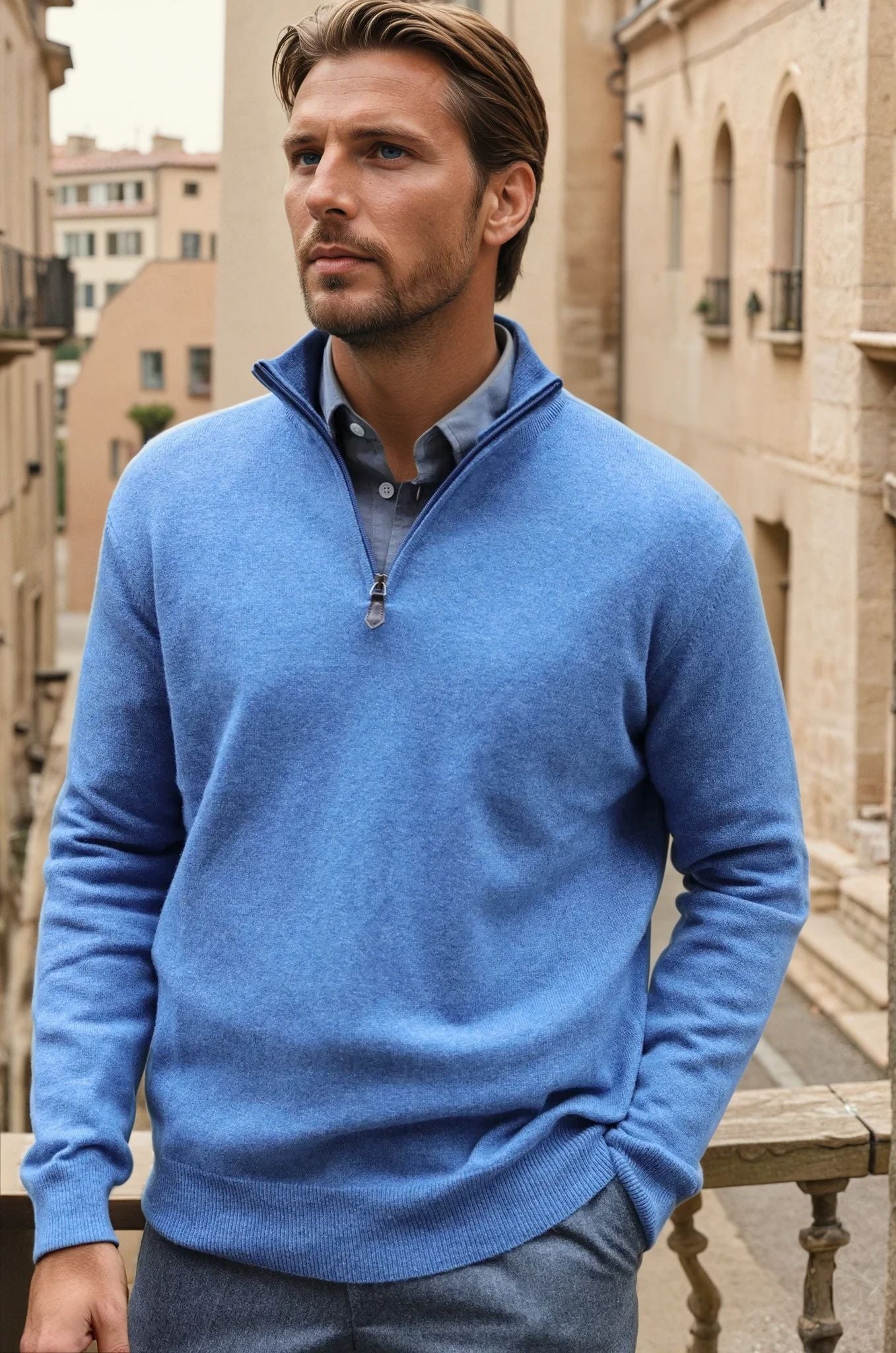 Pull Amar col zippé 100% cachemire - Bleu denim-PULL HOMME-Curling-Paris