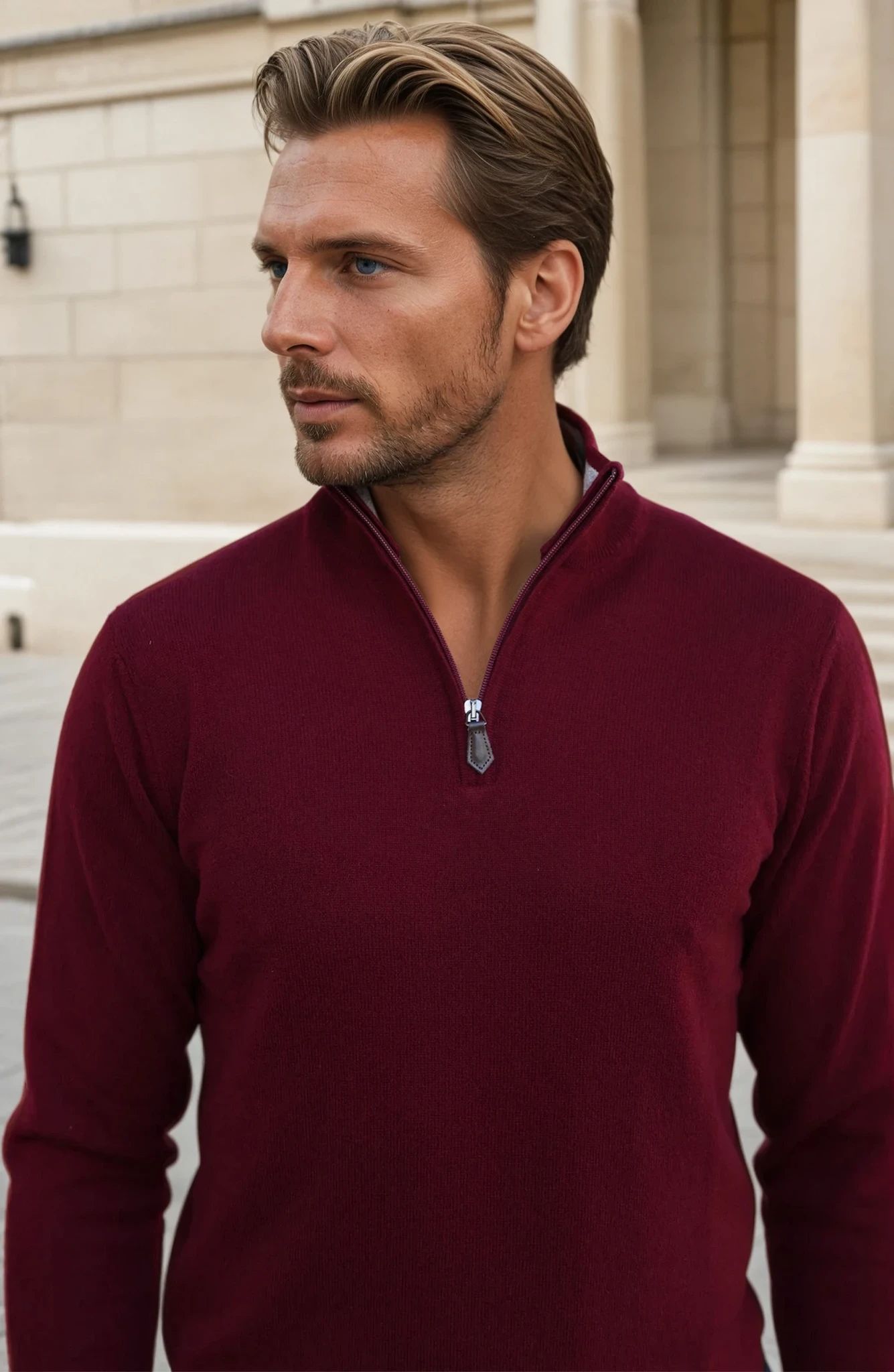 Pull Amar col zippé 100% cachemire - Bordeaux-PULL HOMME-Curling-Paris
