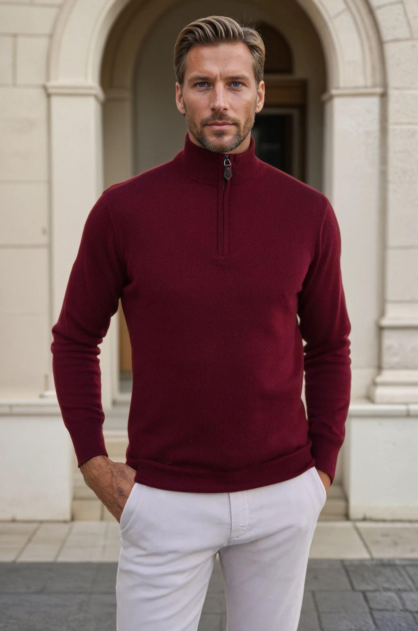 Pull Amar col zippé 100% cachemire - Bordeaux-PULL HOMME-Curling-Paris