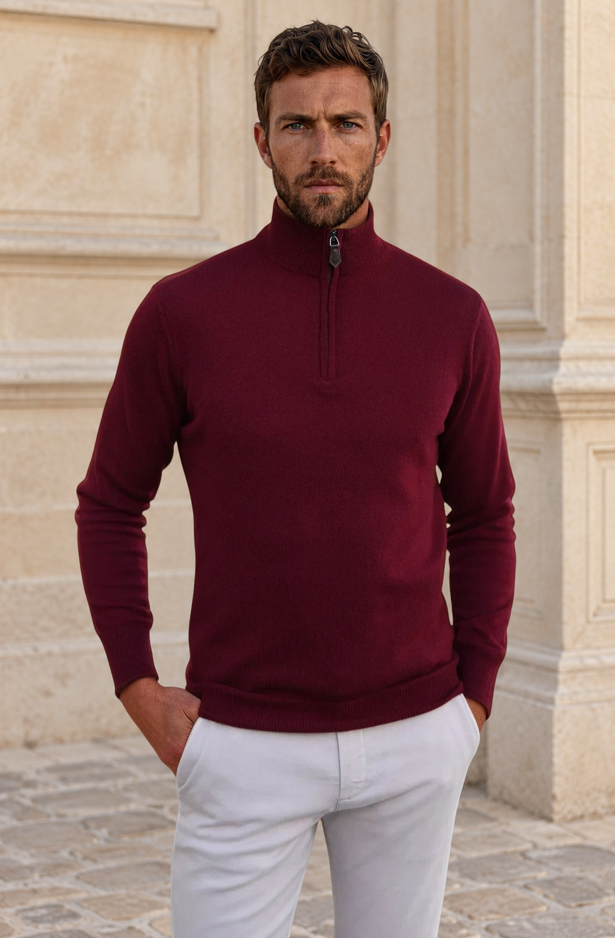 Pull Amar col zippé 100% cachemire - Bordeaux-PULL HOMME-Curling-Paris