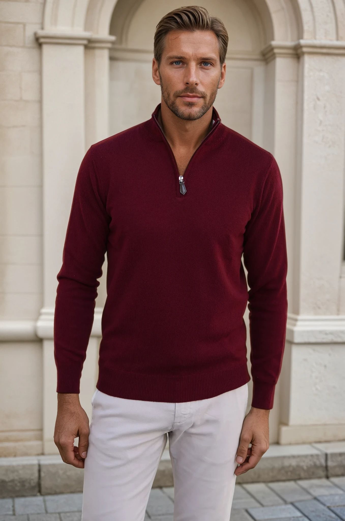 Pull Amar col zippé 100% cachemire - Bordeaux-PULL HOMME-Curling-Paris