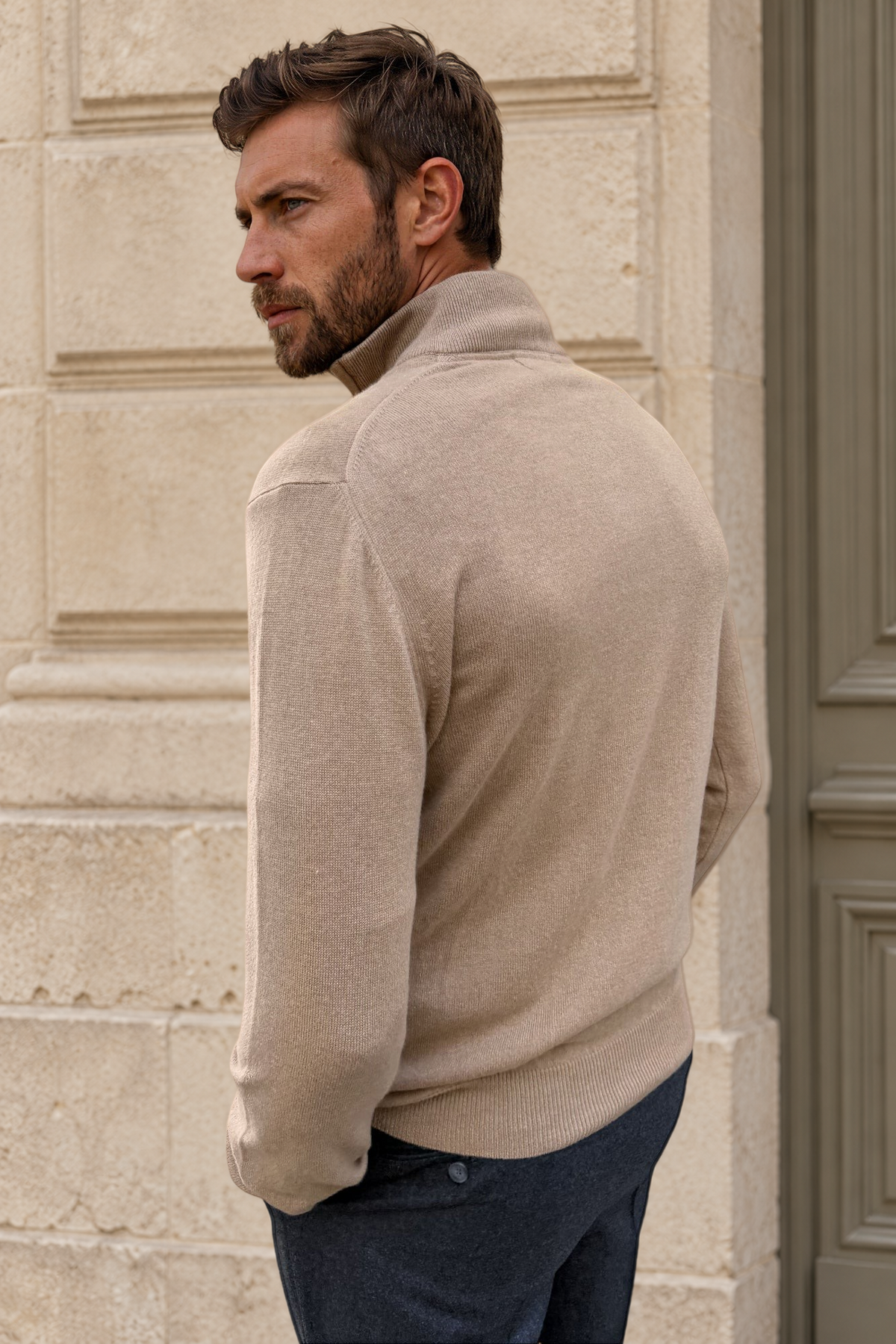 Pull Amar col zippé 100% cachemire – Camel-PULL HOMME-Curling-Paris