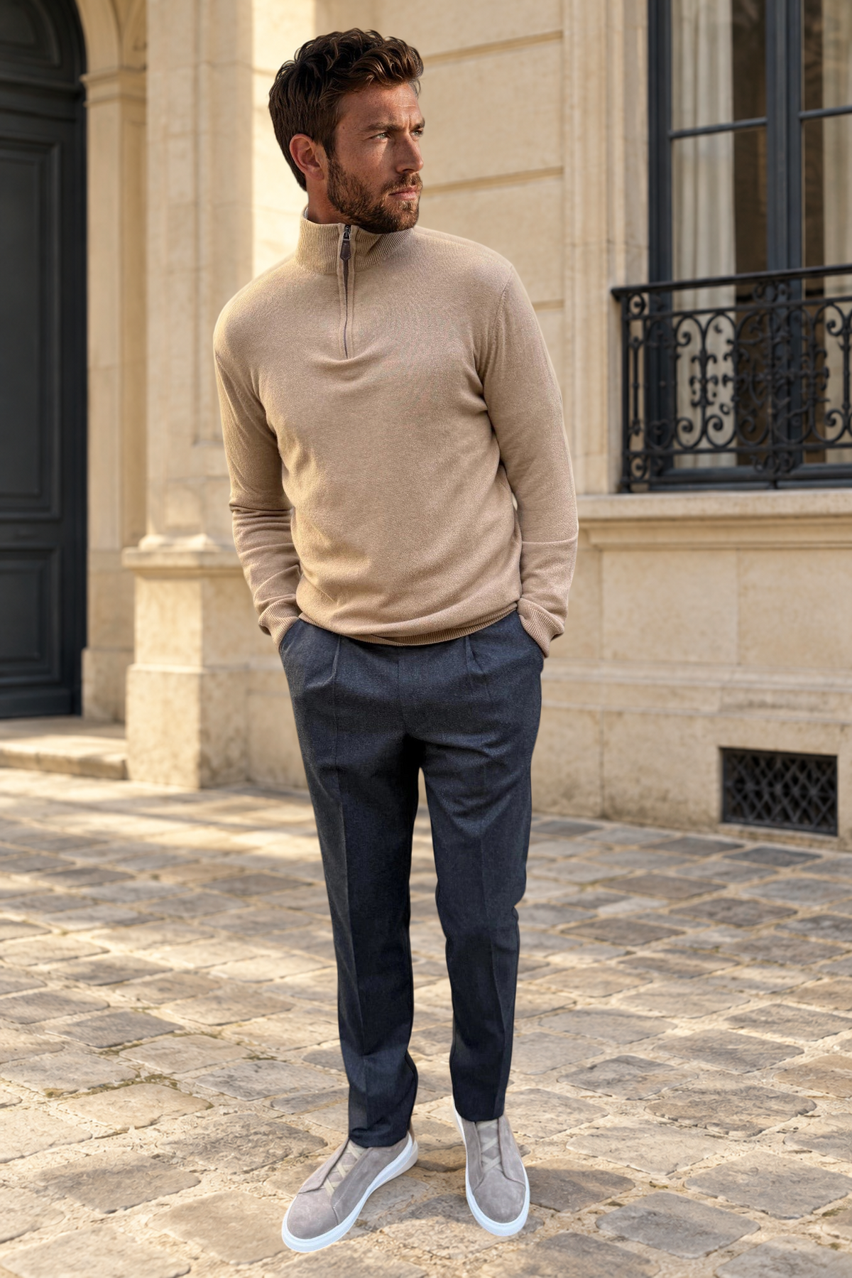 Pull Amar col zippé 100% cachemire – Camel-PULL HOMME-Curling-Paris