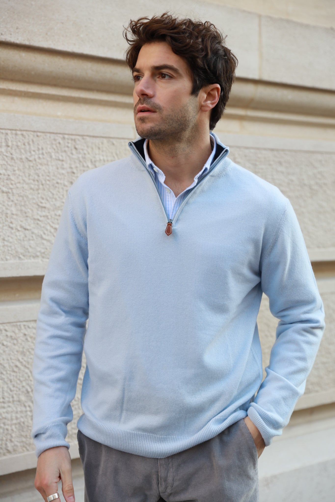 Pull homme à col zippé en laine d'agneau bleu jean - Curling Paris