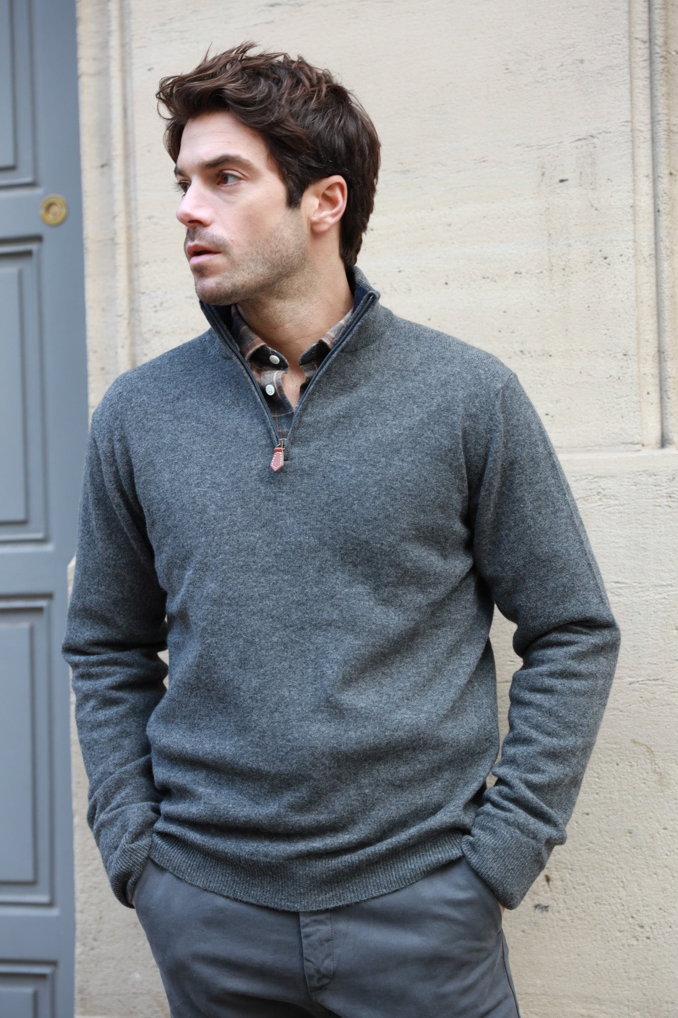 Pull Amar col zippé 100% cachemire - Gris Moyen-PULL HOMME-Curling-Paris