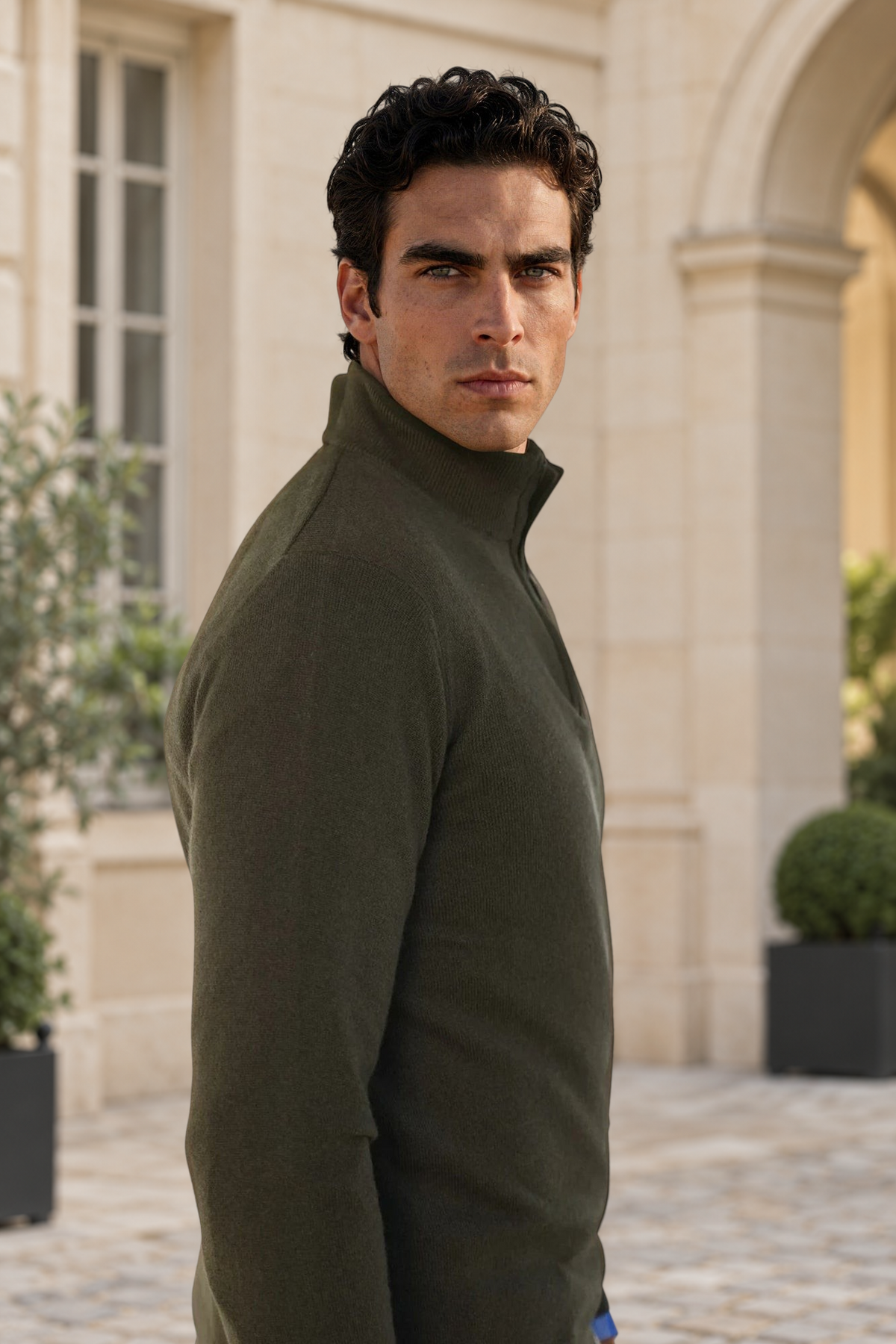 Pull Amar col zippé 100% cachemire - Kaki-PULL HOMME-Curling-Paris
