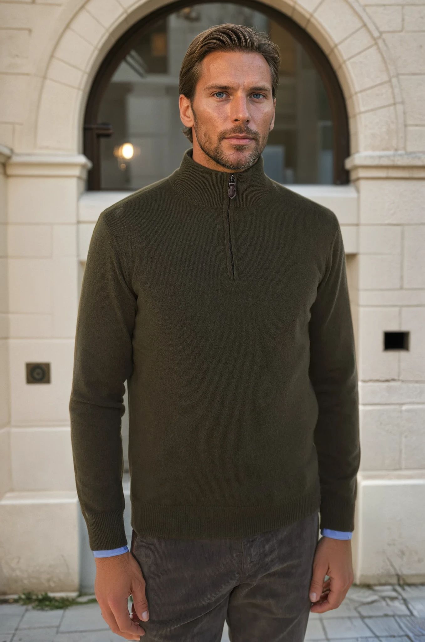 Pull Amar col zippé 100% cachemire - Kaki-PULL HOMME-Curling-Paris