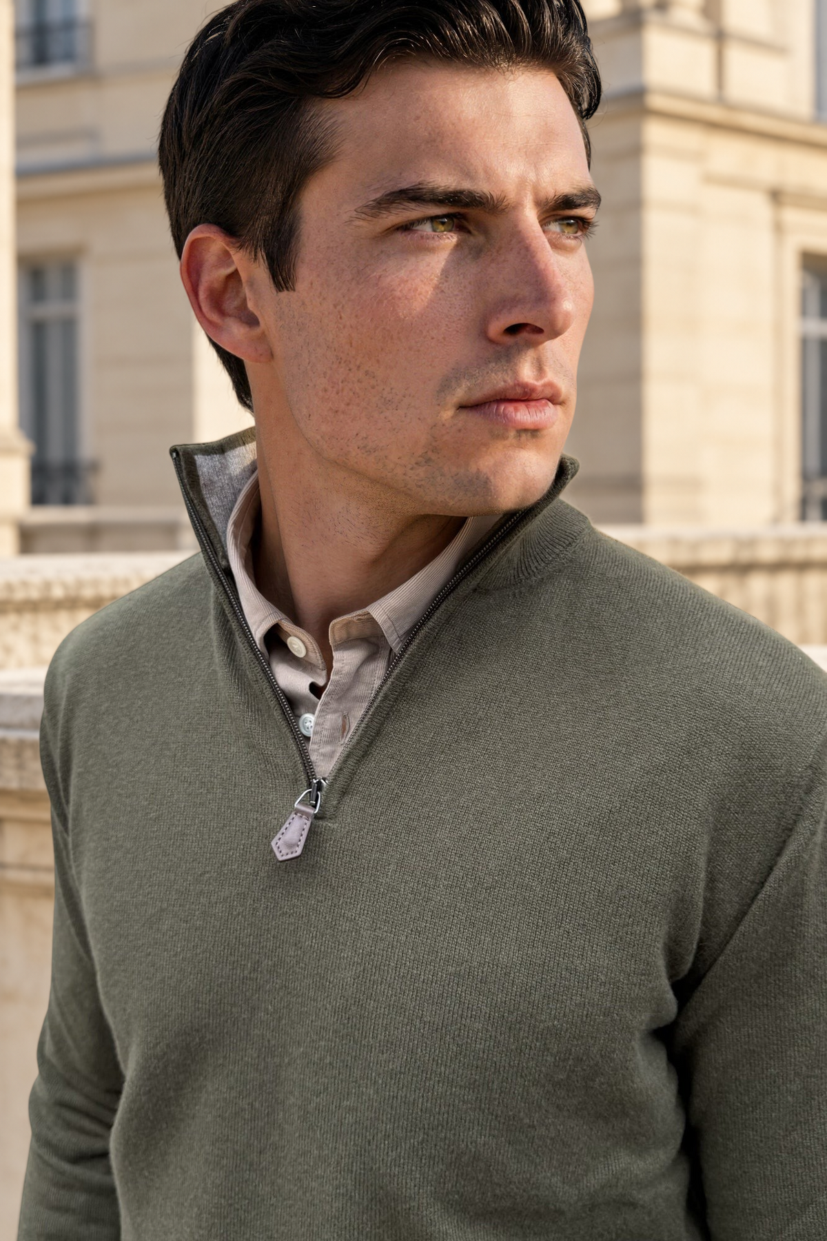 Pull Amar col zippé 100% cachemire – Kaki-PULL HOMME-Curling-Paris