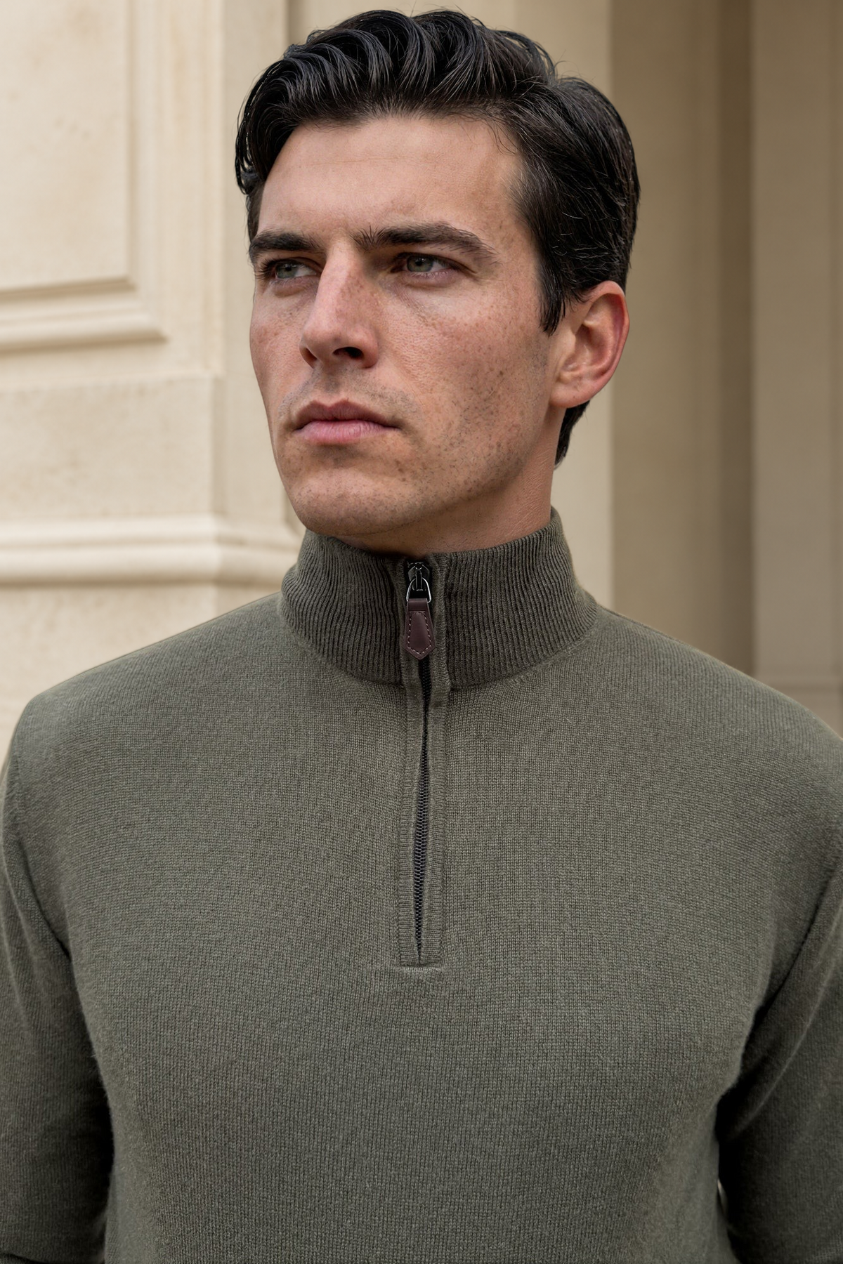 Pull Amar col zippé 100% cachemire – Kaki-PULL HOMME-Curling-Paris