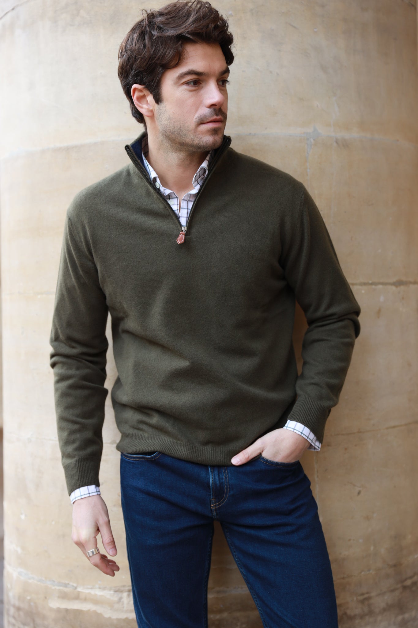 Pull Amar col zippé 100% cachemire - Kaki-PULL HOMME-Curling-Paris