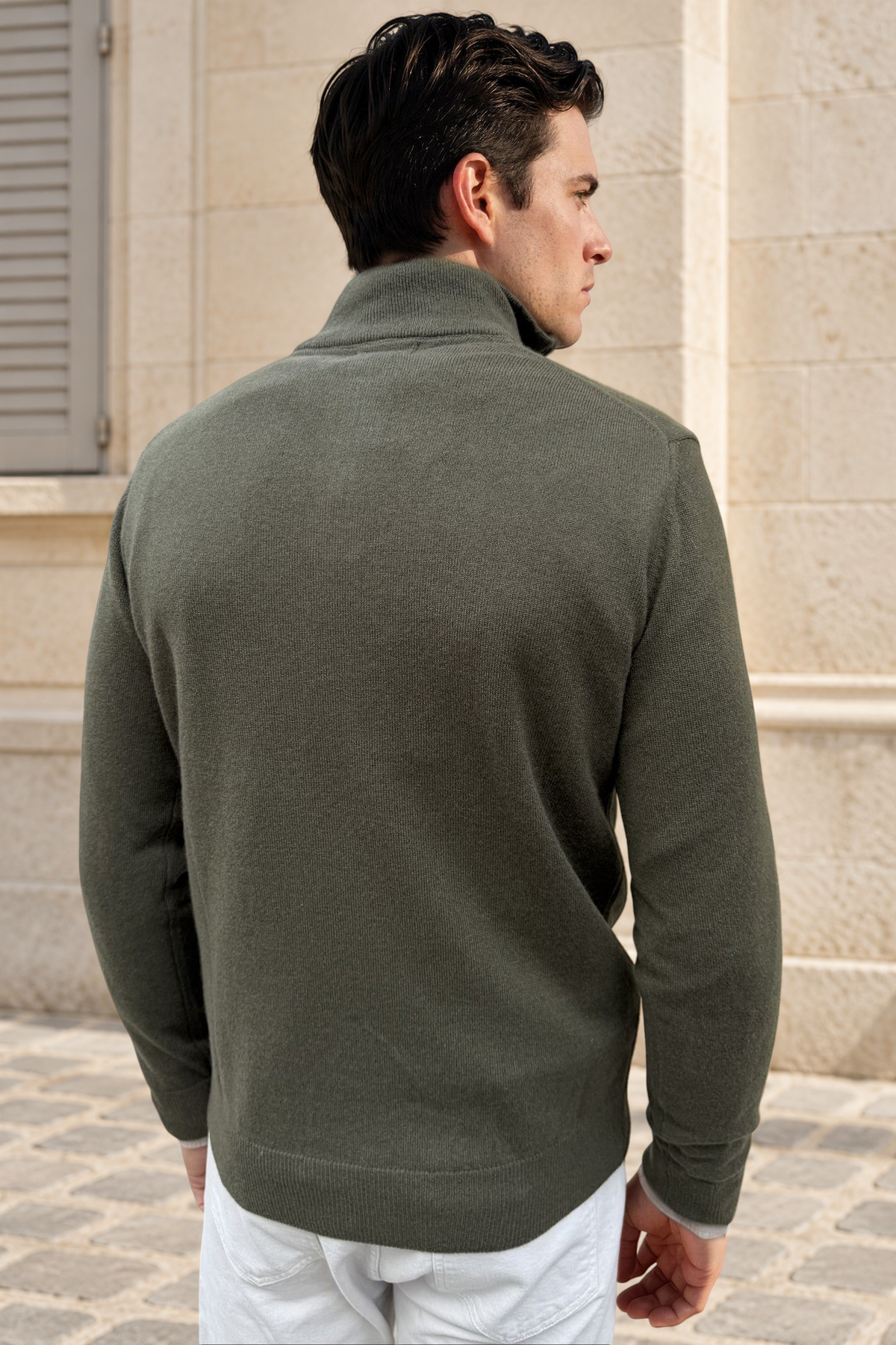 Pull Amar col zippé 100% cachemire – Kaki-PULL HOMME-Curling-Paris
