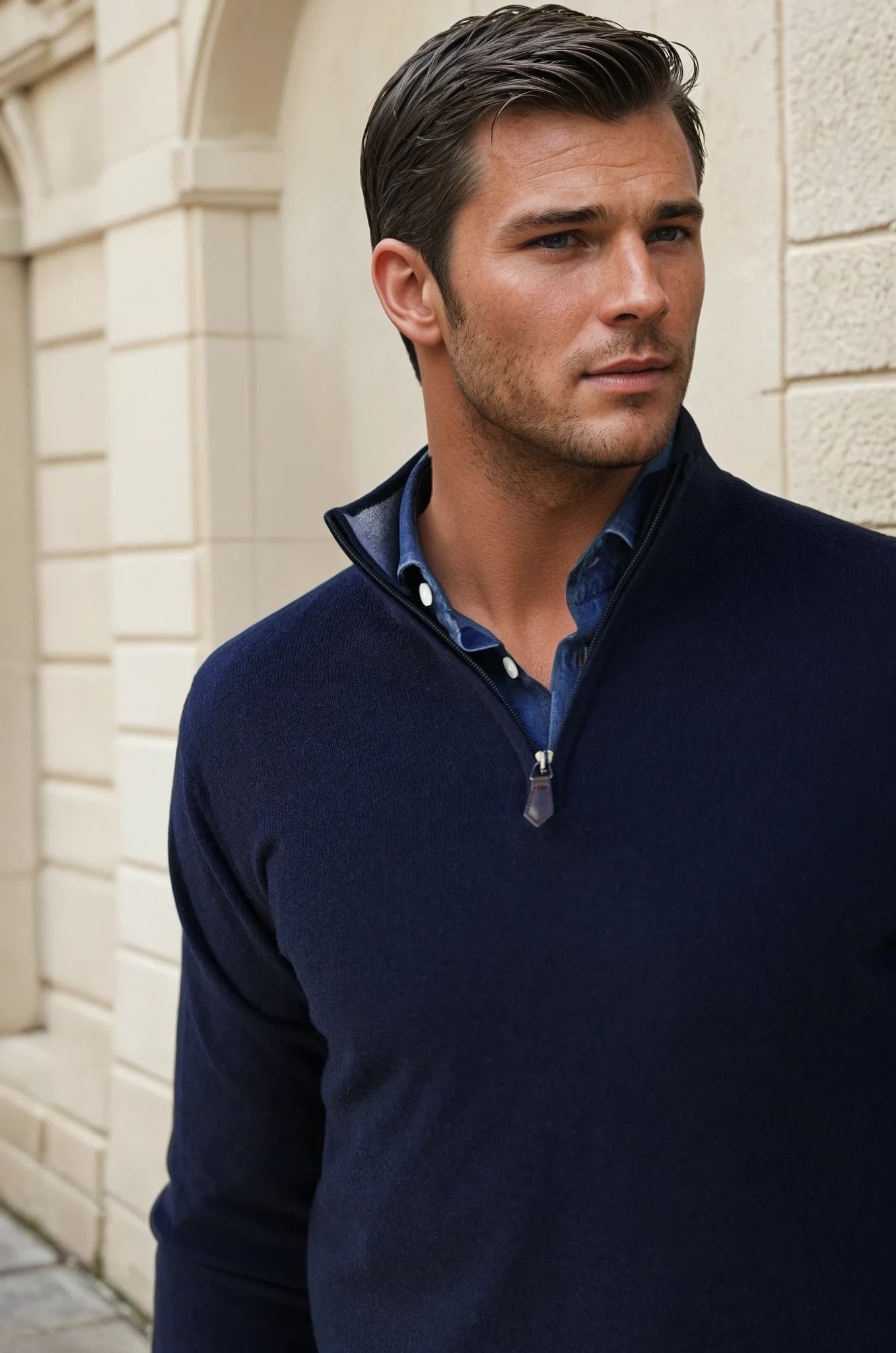 Pull Amar col zippé 100% cachemire - Marine-PULL HOMME-Curling-Paris