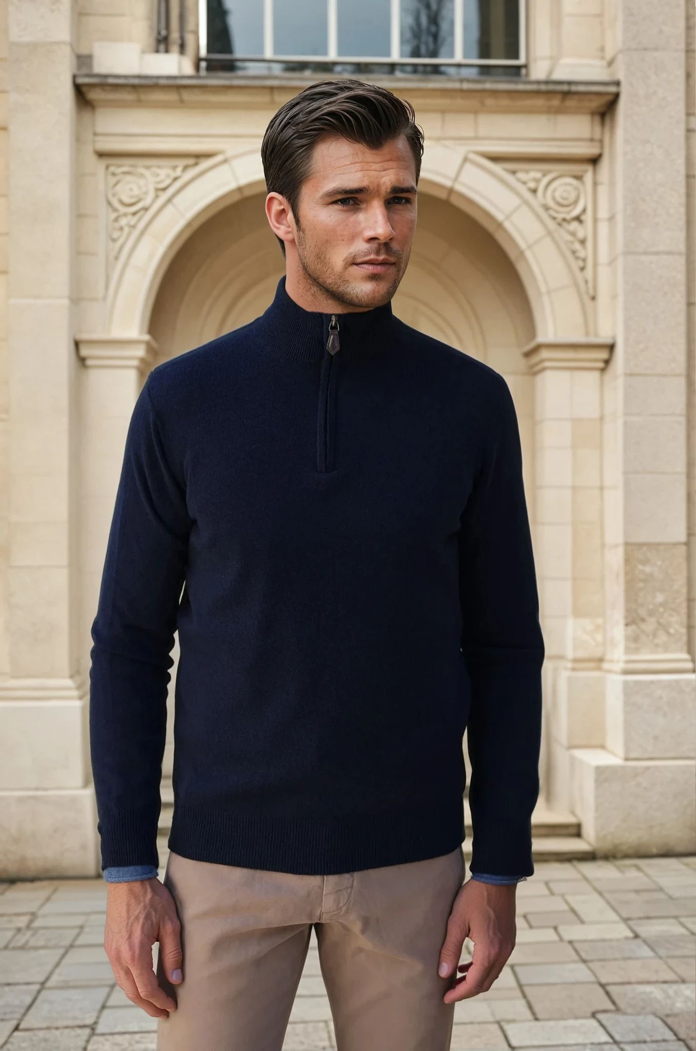 Pull Amar col zippé 100% cachemire - Marine-PULL HOMME-Curling-Paris