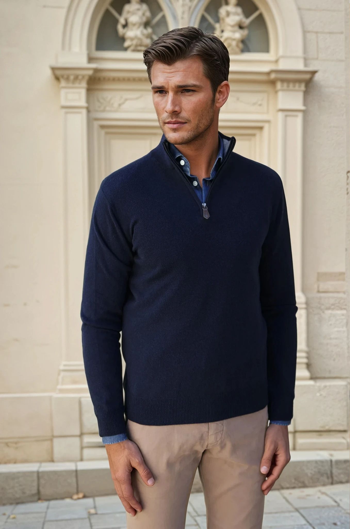 Pull Amar col zippé 100% cachemire - Marine-PULL HOMME-Curling-Paris