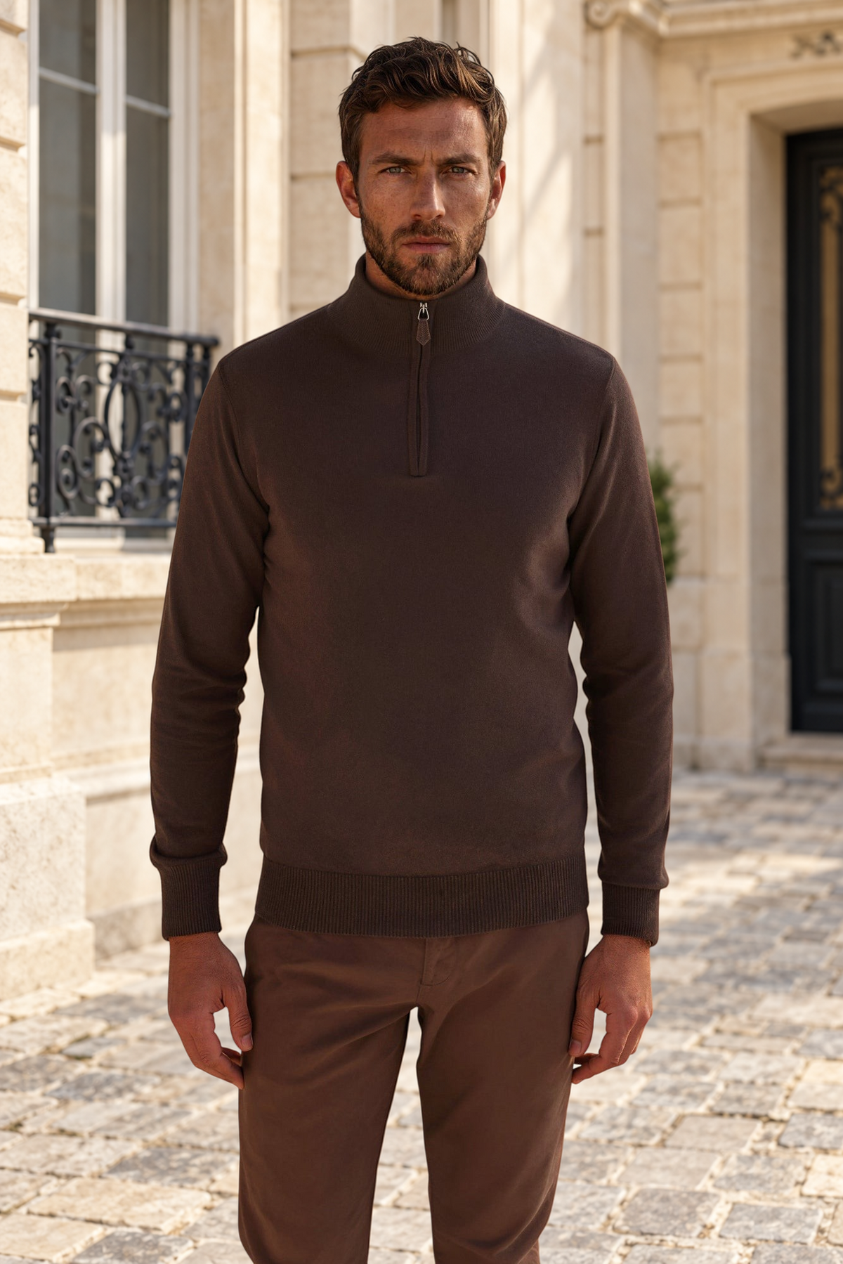 Pull Amar col zippé 100% cachemire - Marron-PULL HOMME-Curling-Paris