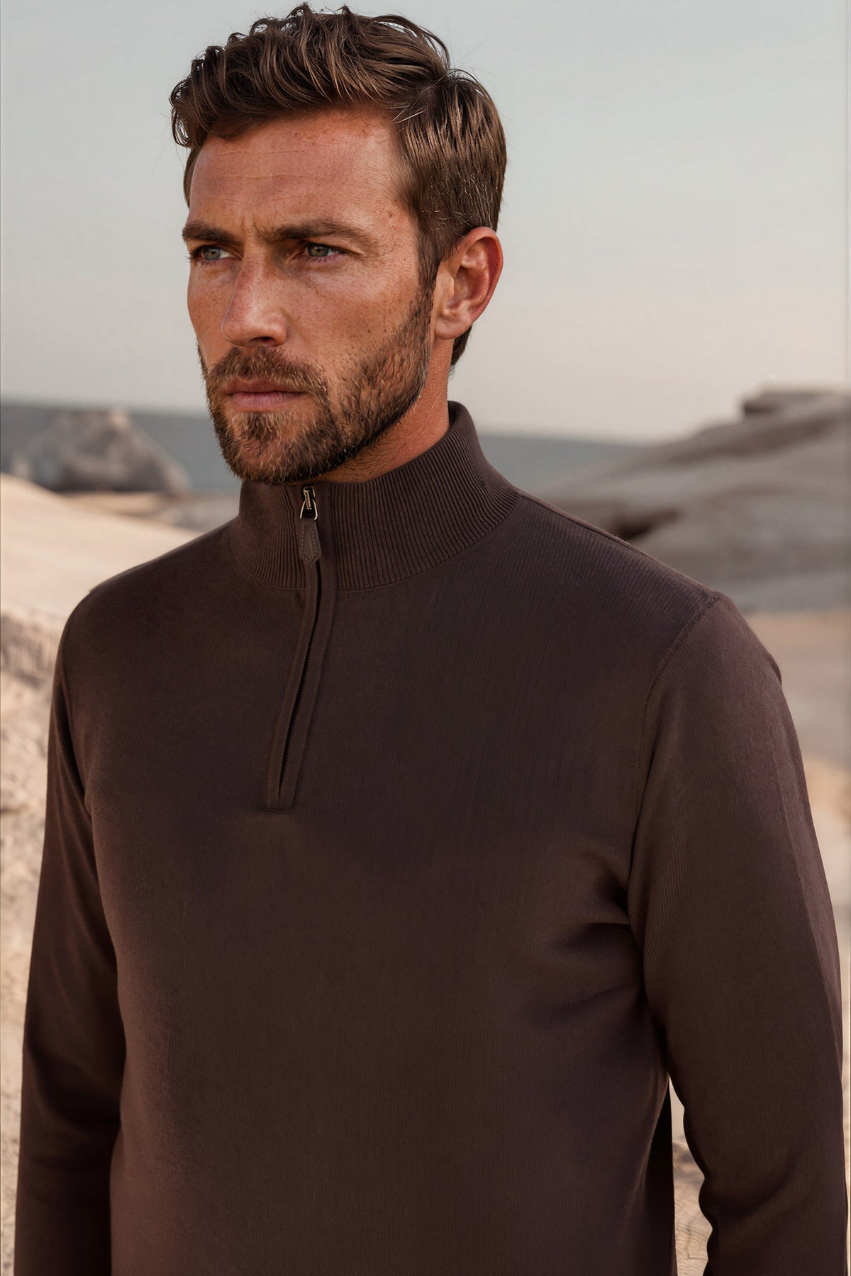 Pull Amar col zippé 100% cachemire - Marron-PULL HOMME-Curling-Paris