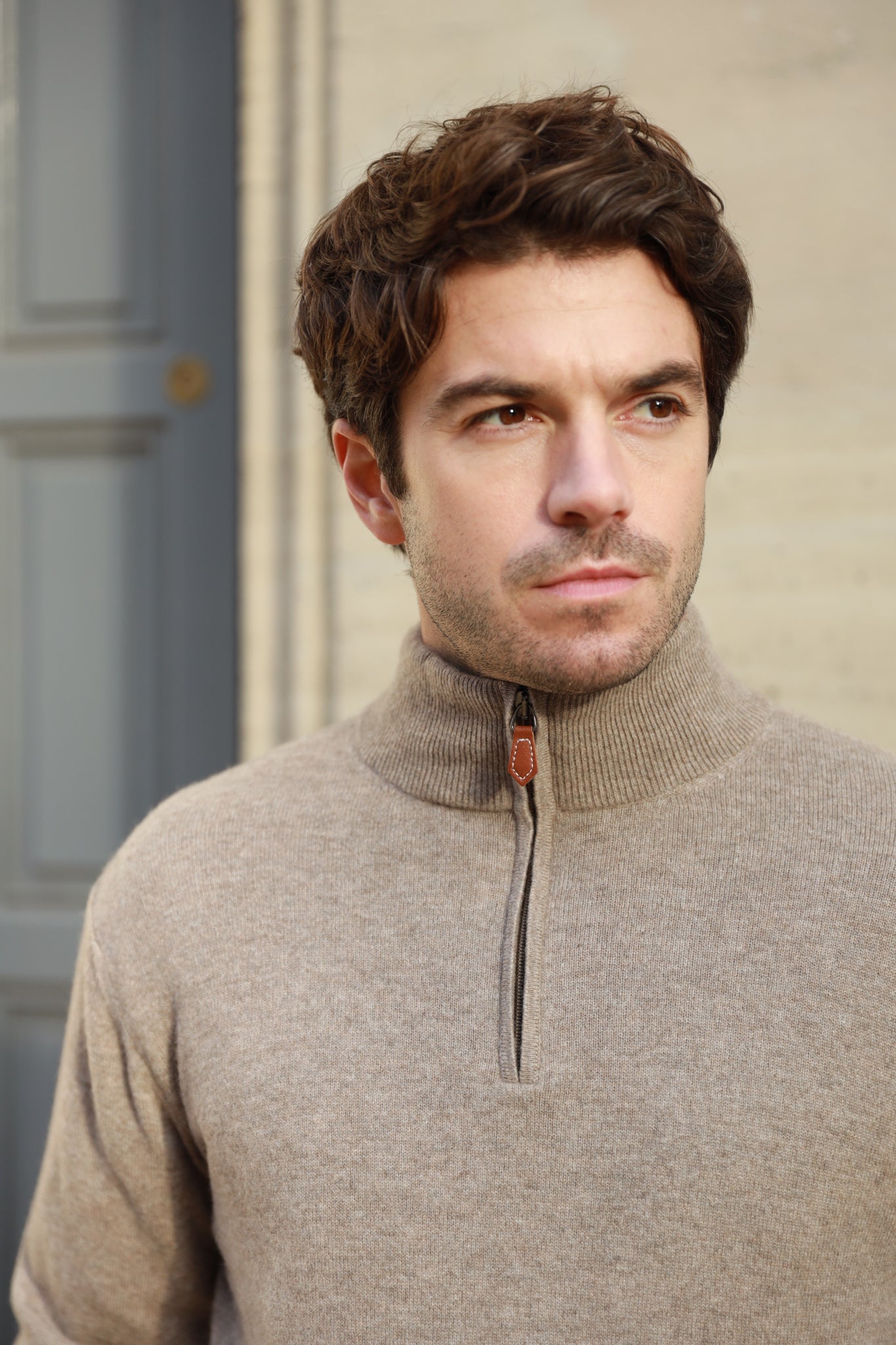 Pull Amar col zippé 100% cachemire - Mushroom-PULL HOMME-Curling-Paris