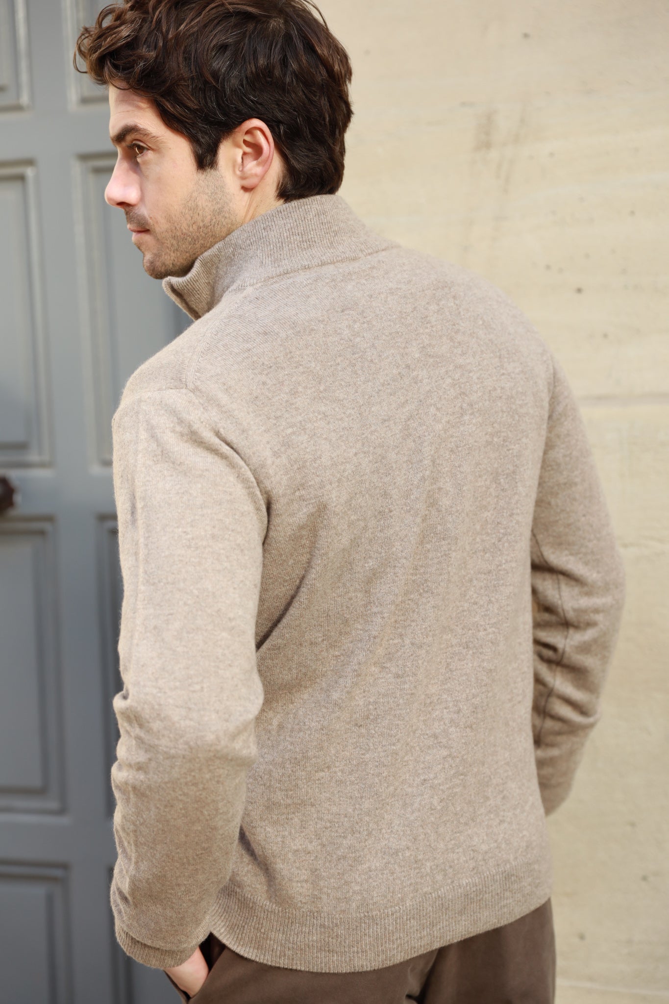 Pull Amar col zippé 100% cachemire - Mushroom-PULL HOMME-Curling-Paris