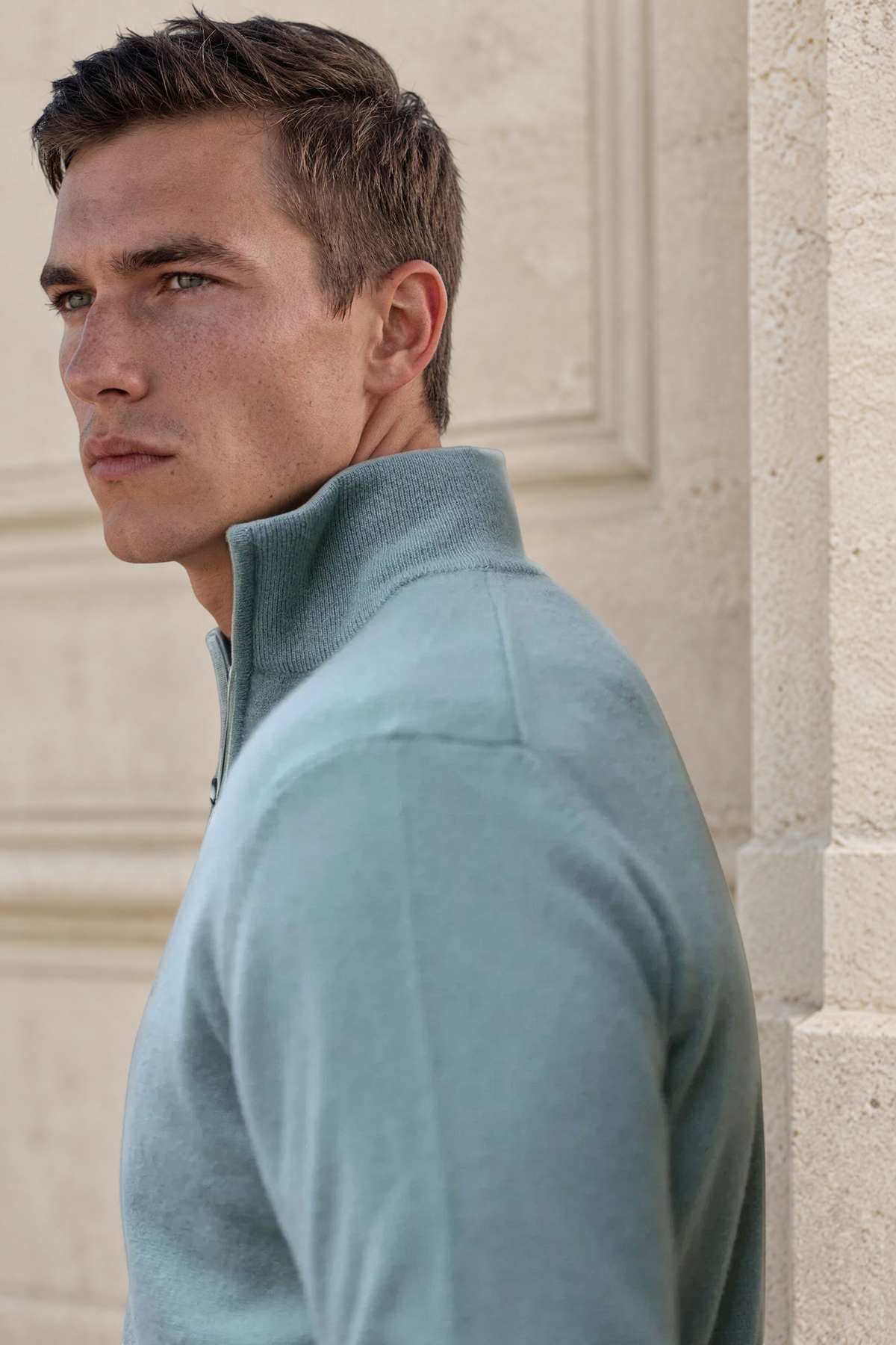 Pull Amar col zippé 100% cachemire - Sauge-PULL HOMME-Curling-Paris