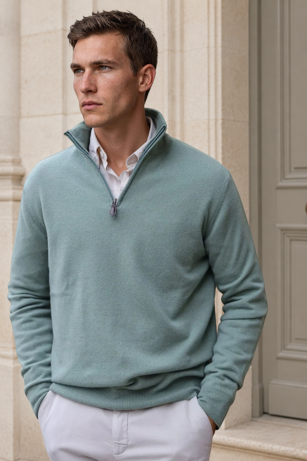 Pull Amar col zippé 100% cachemire - Sauge-PULL HOMME-Curling-Paris