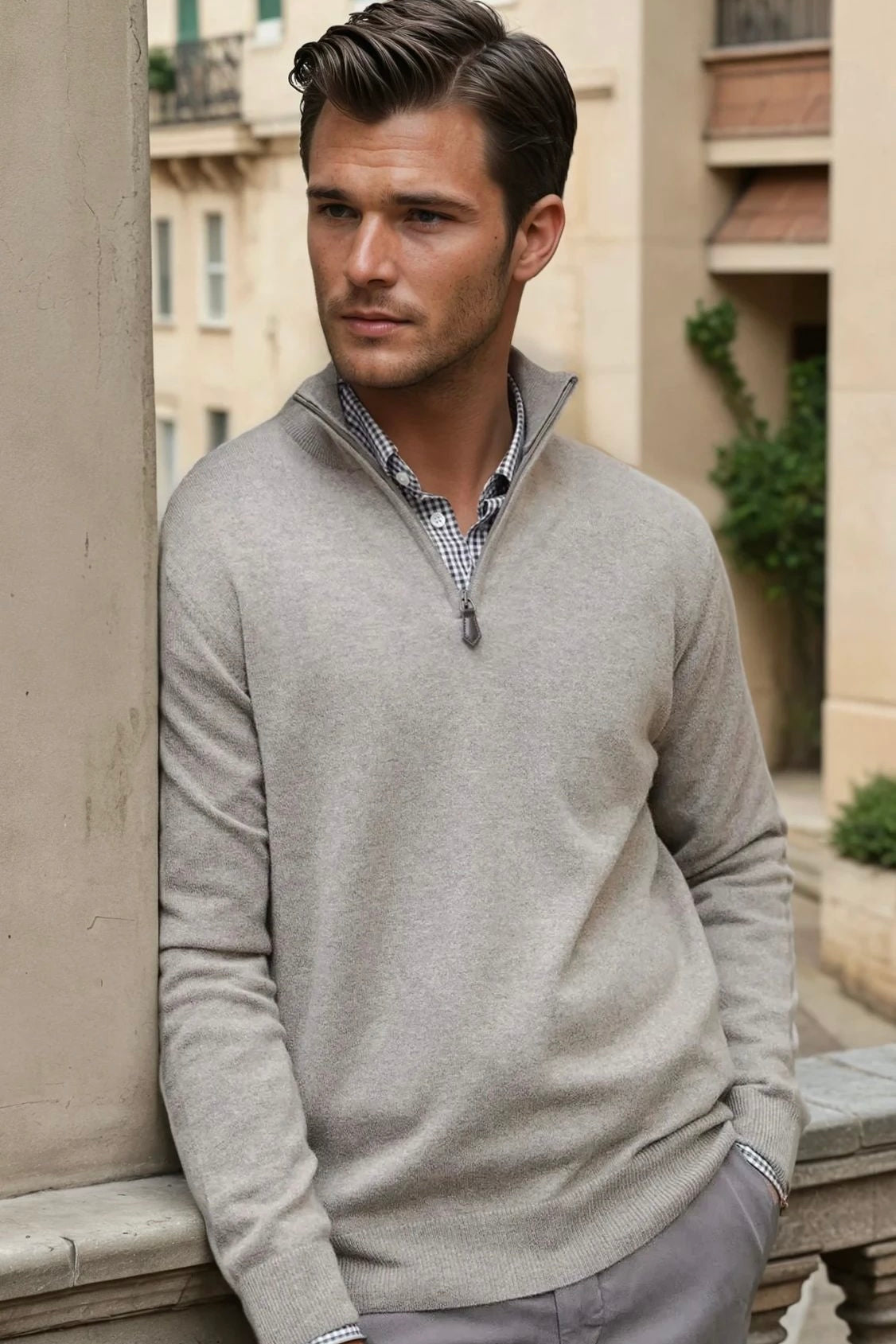 Pull Amar col zippé 100% cachemire - Taupe-PULL HOMME-Curling-Paris