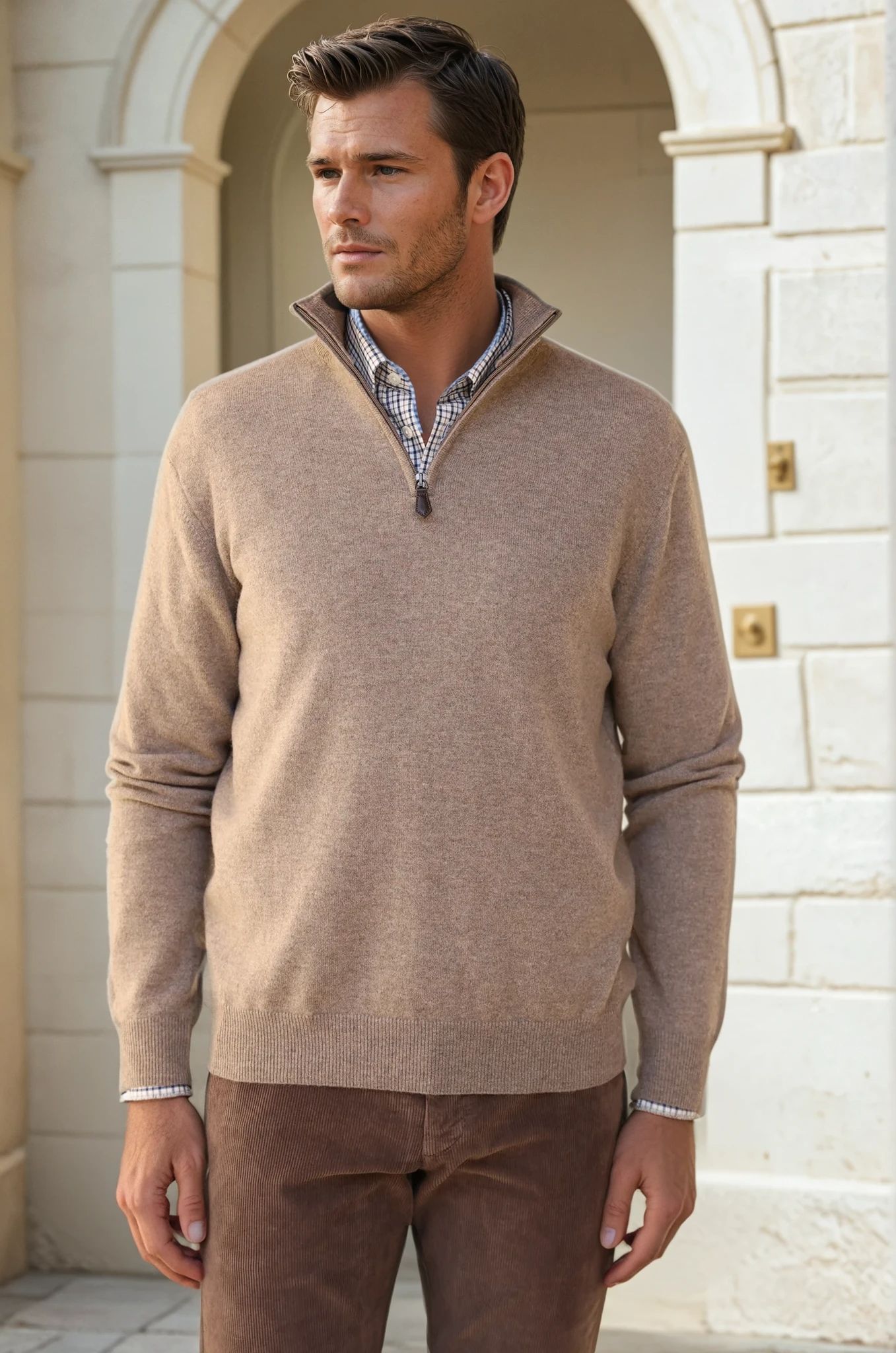 Pull Amar col zippé 100% cachemire - Taupe-PULL HOMME-Curling-Paris