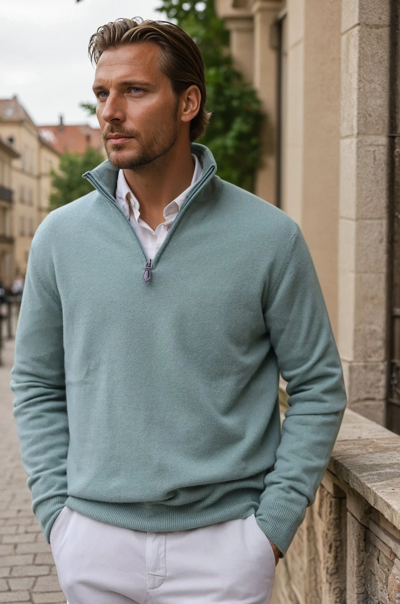 Pull Amar col zippé 100% cachemire - Vert-PULL HOMME-Curling-Paris