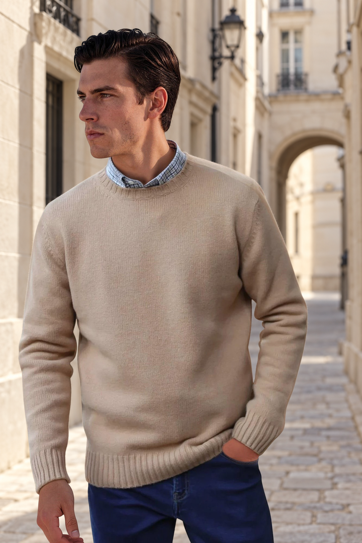 Pull Arthur col rond en laine et cachemire - Camel-PULL HOMME-Curling-Paris