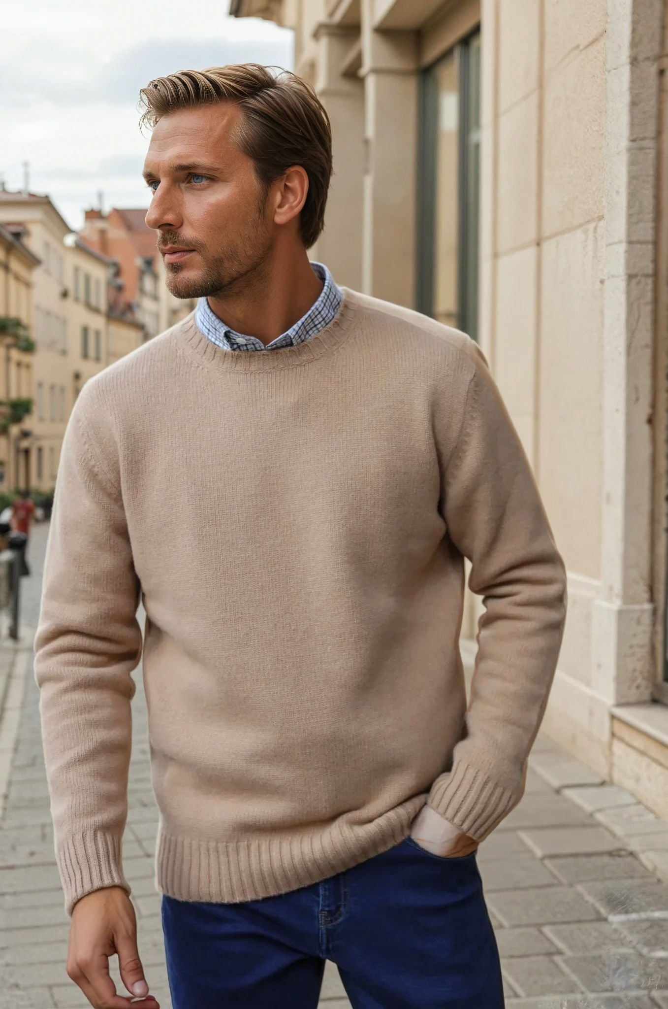 Pull Arthur col rond en laine et cachemire - Camel-PULL HOMME-Curling-Paris