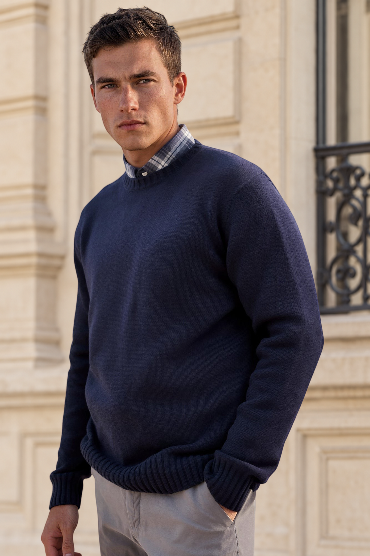 Pull Arthur col rond en laine et cachemire - Marine-PULL HOMME-Curling-Paris