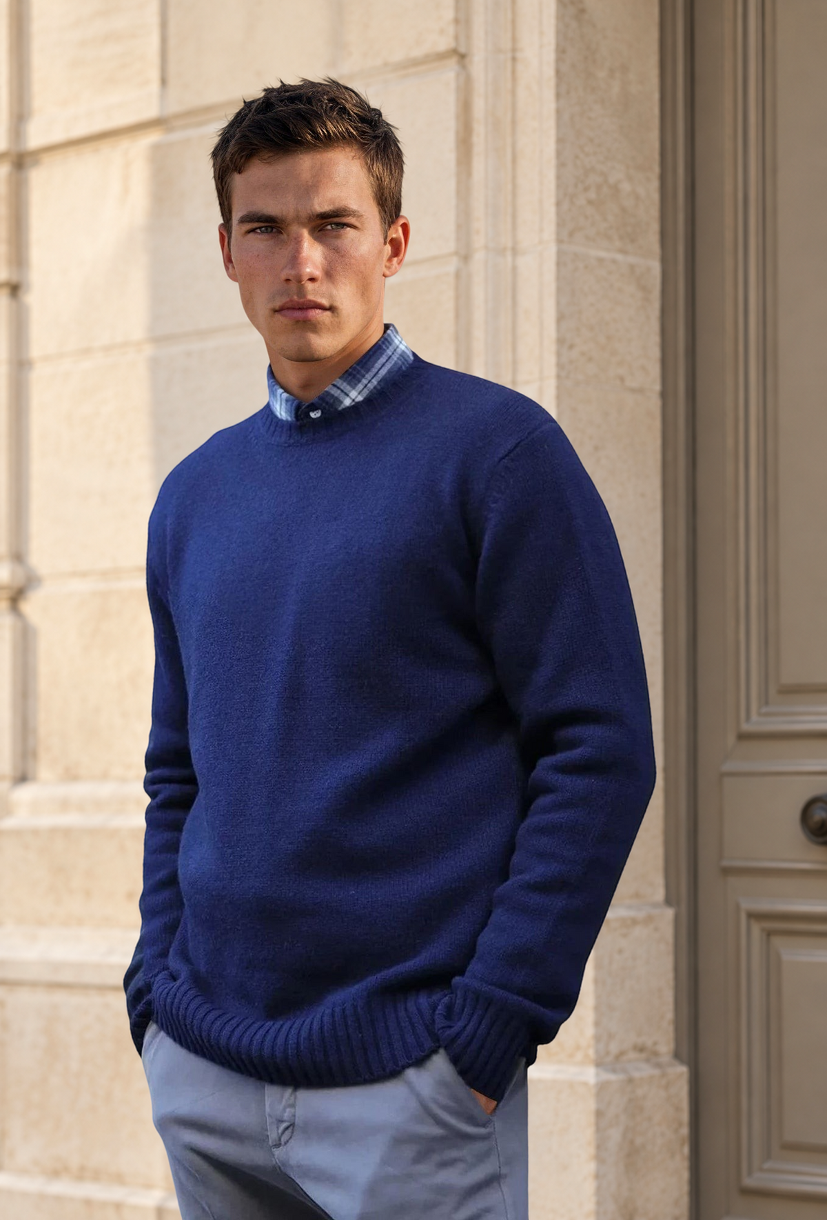 Pull Arthur col rond en laine et cachemire - Marine-PULL HOMME-Curling-Paris
