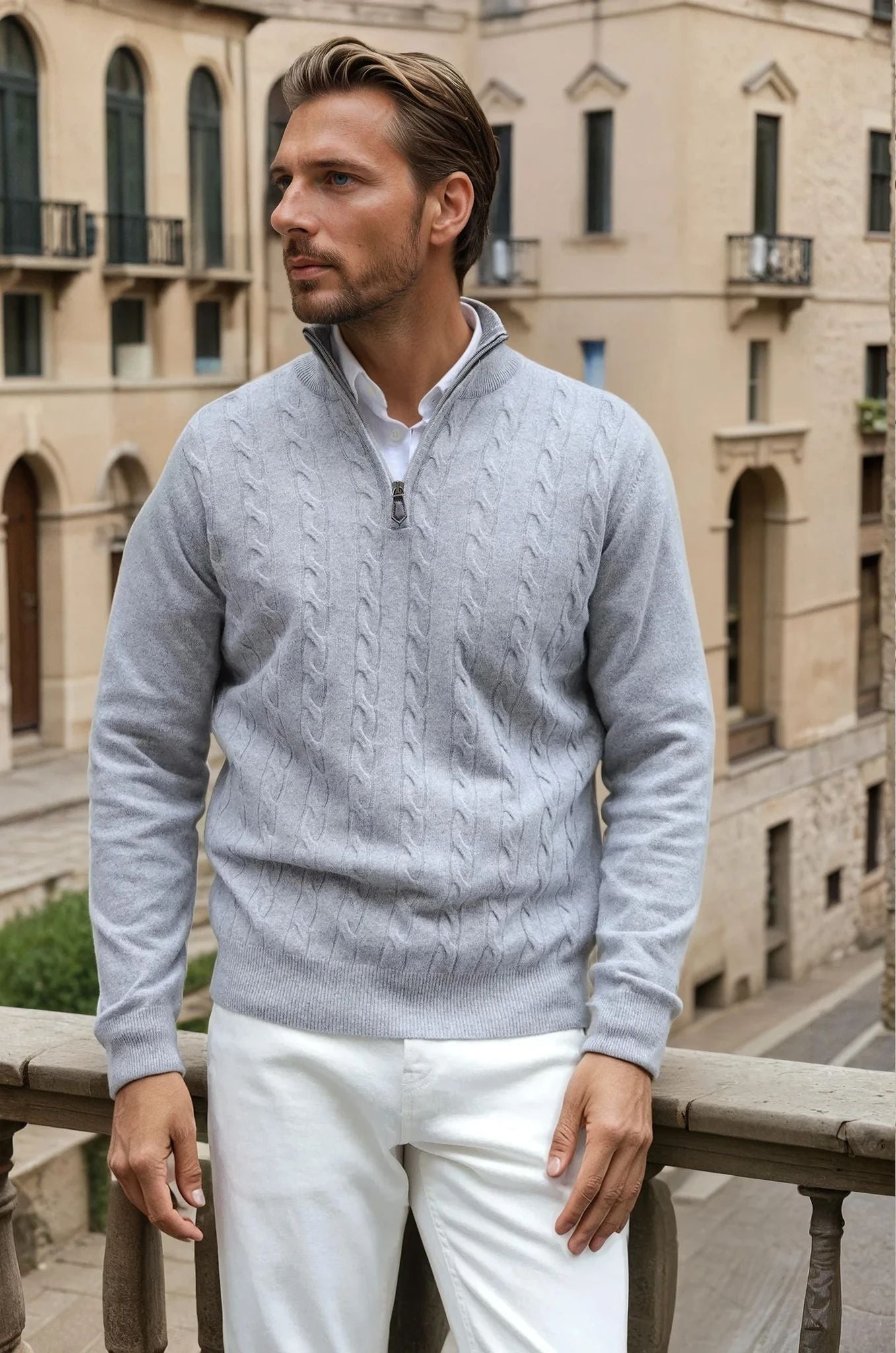 Pull Carlo à torsades col zippé en laine et cachemire - Gris clair-PULL HOMME-Curling-Paris