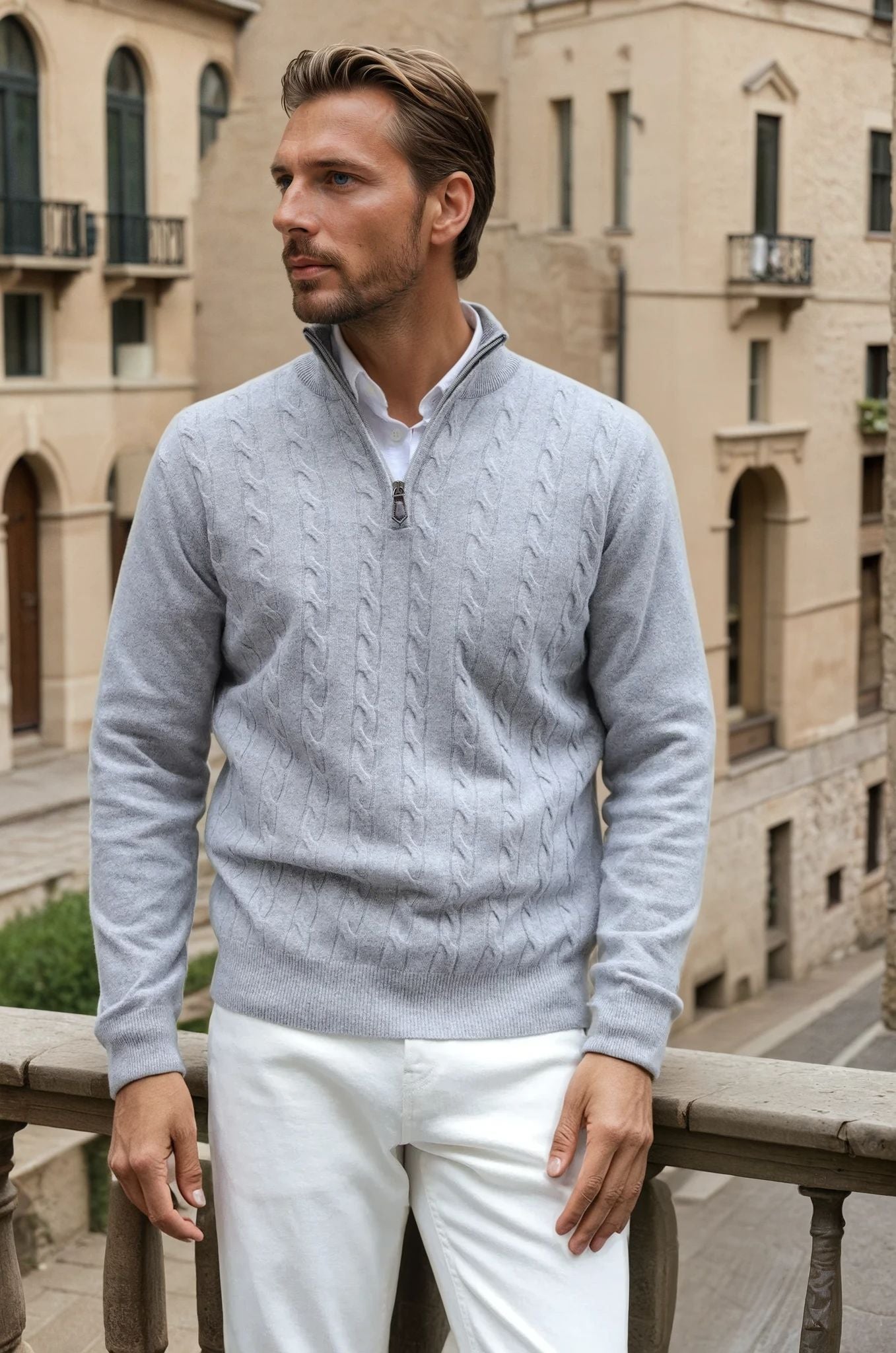 Pull Carlo à torsades col zippé en laine et cachemire - Gris clair-PULL HOMME-Curling-Paris