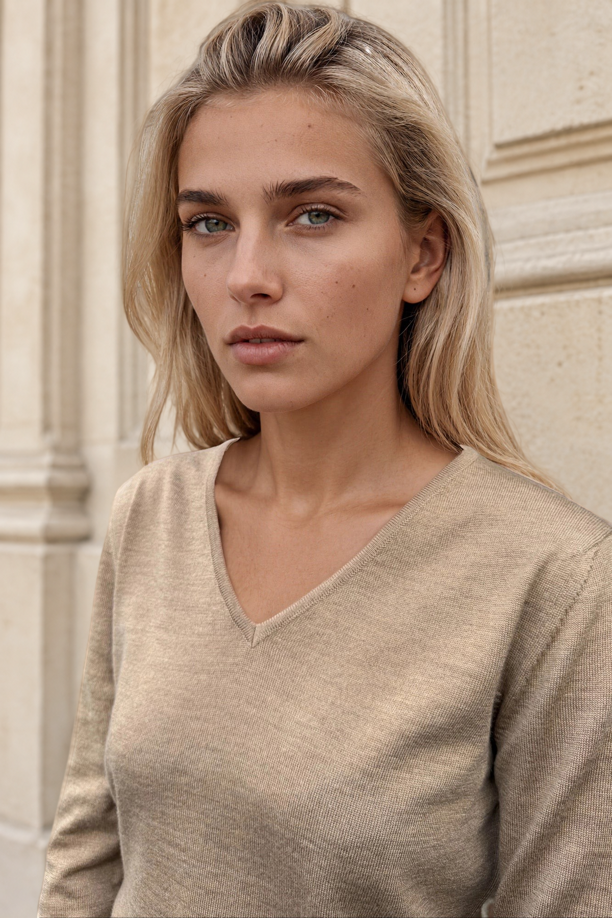 Pull Clothilde col V en laine mérinos - Camel-PULL FEMME-Curling-Paris