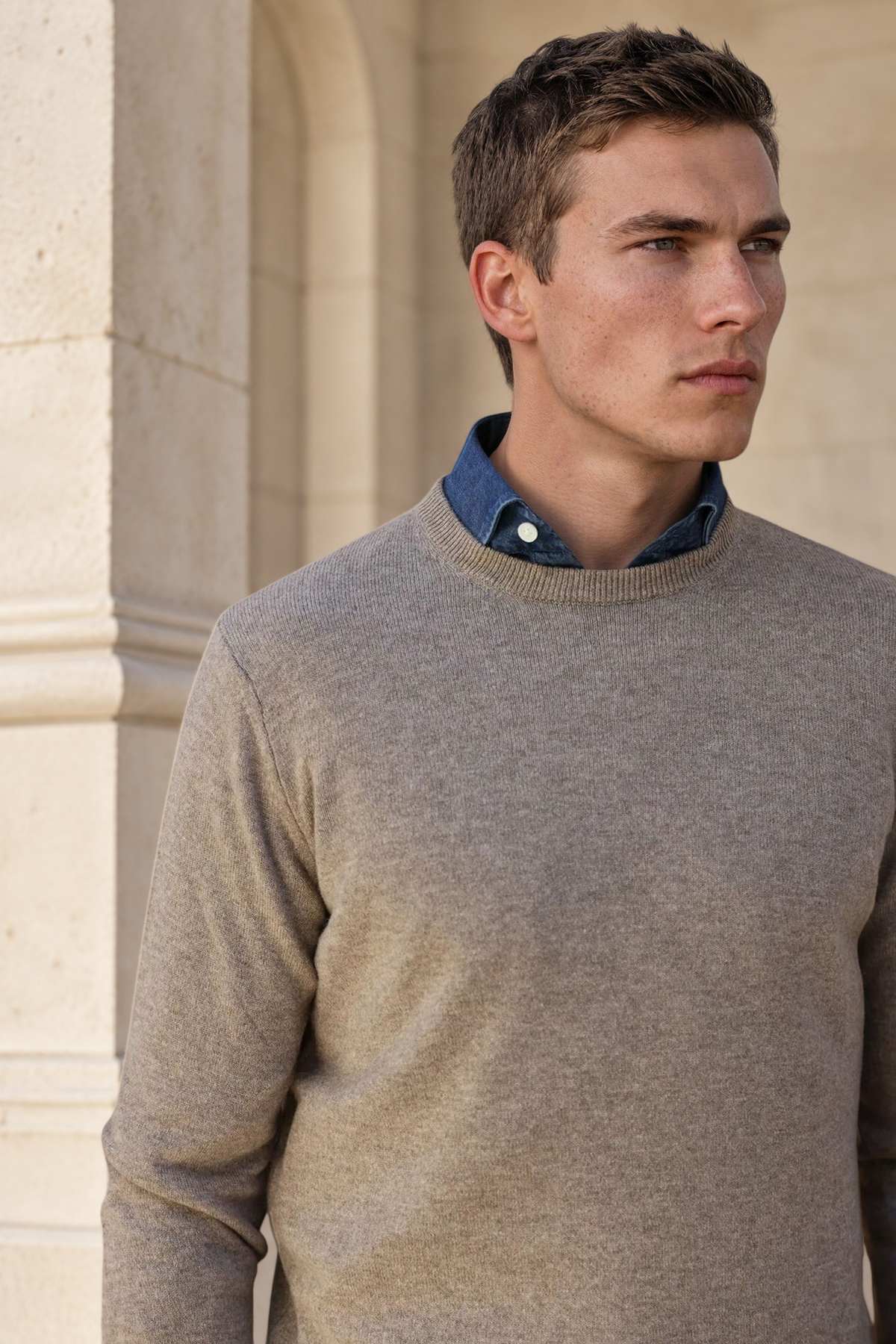 Pull Col Rond Ronan en Cachemire - Taupe-PULL HOMME-Curling-Paris