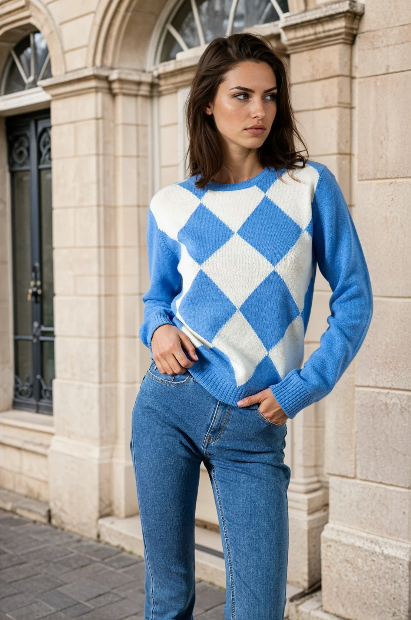 Pull Col Rond en Laine et Cachemire - Bleu-PULL FEMME-Curling-Paris