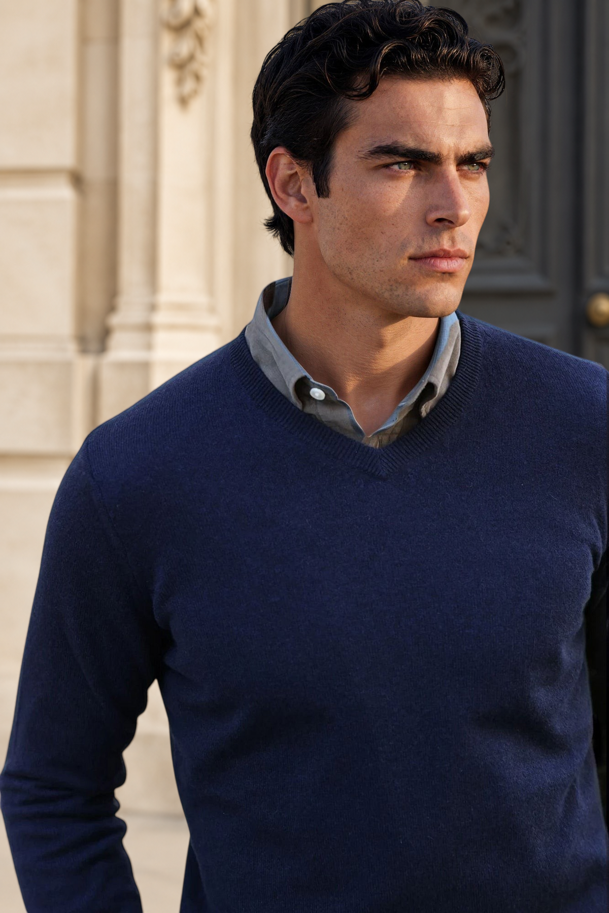 Pull Elijah col V 100% cachemire - Marine-PULL HOMME-Curling-Paris