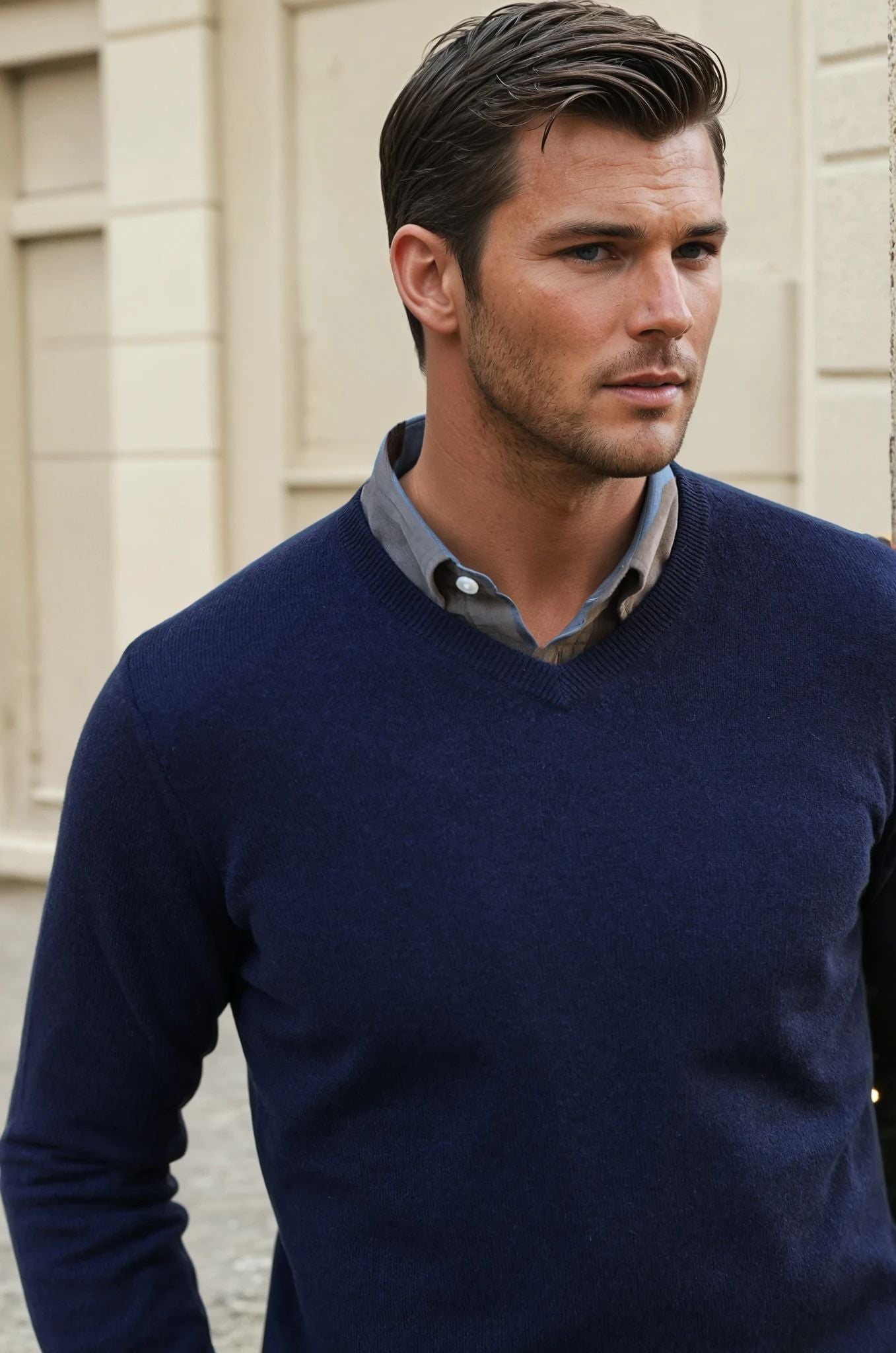 Pull Elijah col V 100% cachemire - Marine-PULL HOMME-Curling-Paris